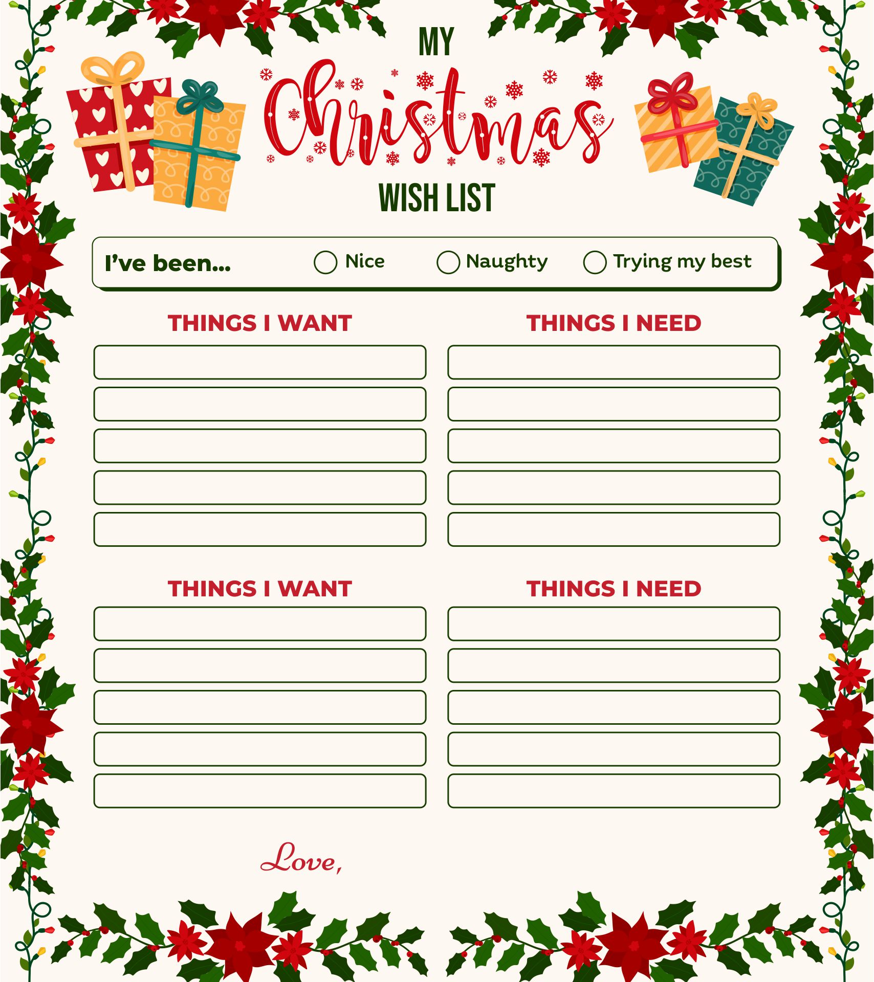 Gentle Christmas Wish List Template Printable