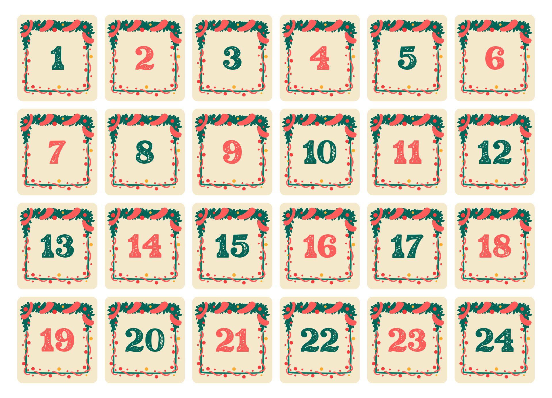 Printable Christmas Advent Calendar Numbers 1 To 24