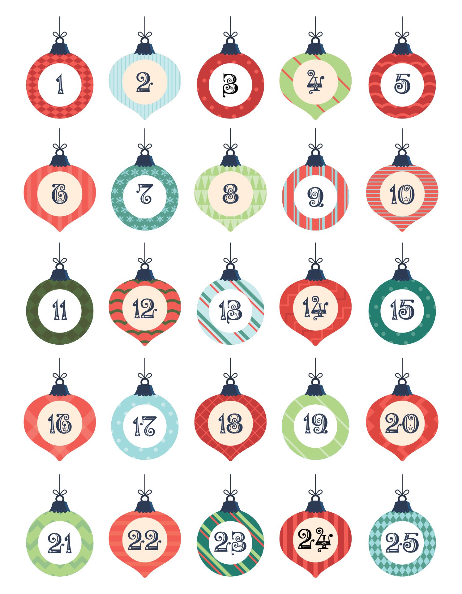 Printable Christmas Countdown Day Ornament Number Cards