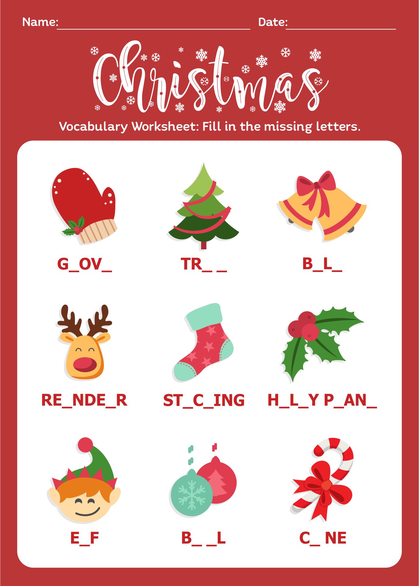 Printable Christmas ESL Vocabulary Worksheets