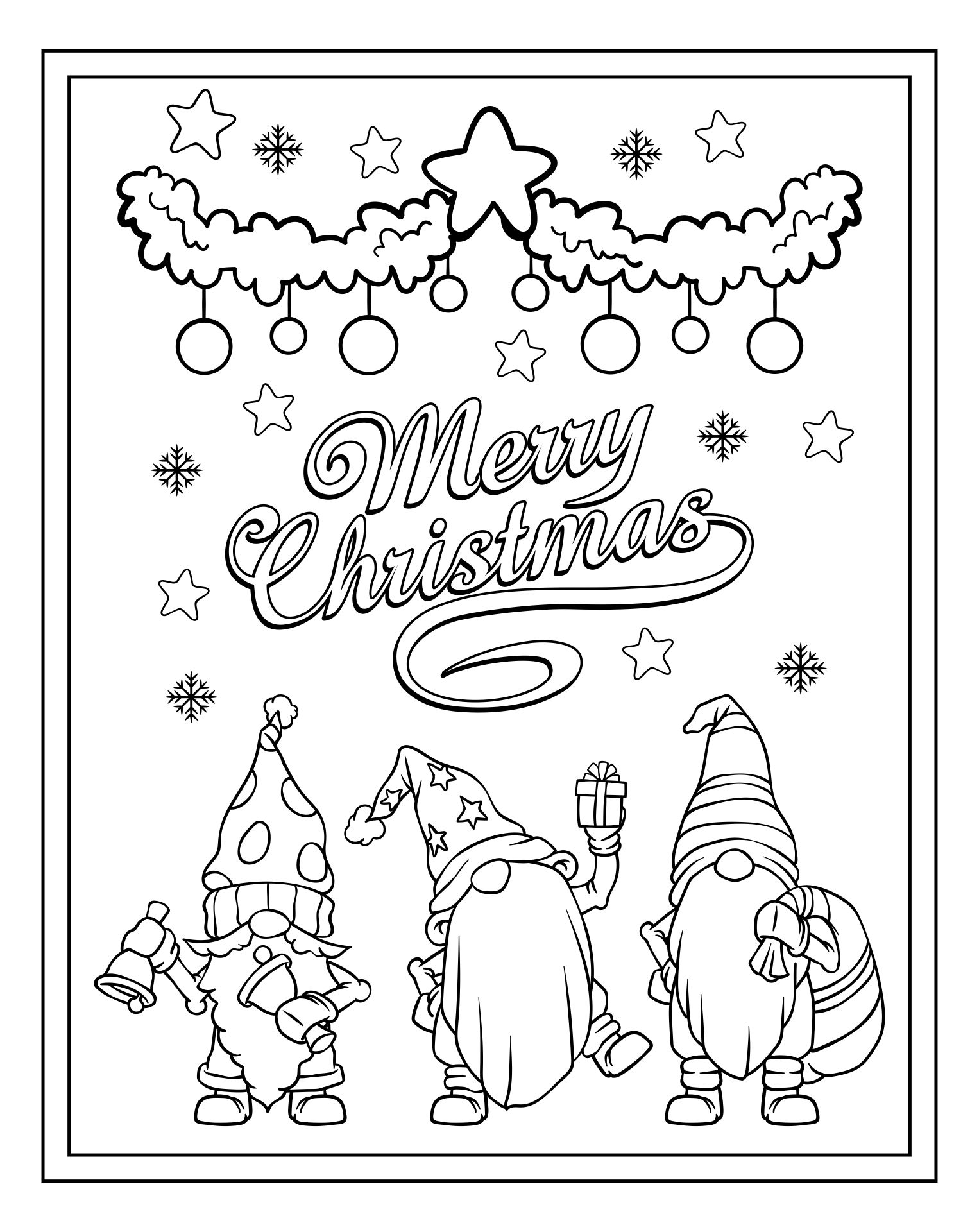 Printable Christmas Gnomes Greeting Card Template Black On White Monochrome Holiday