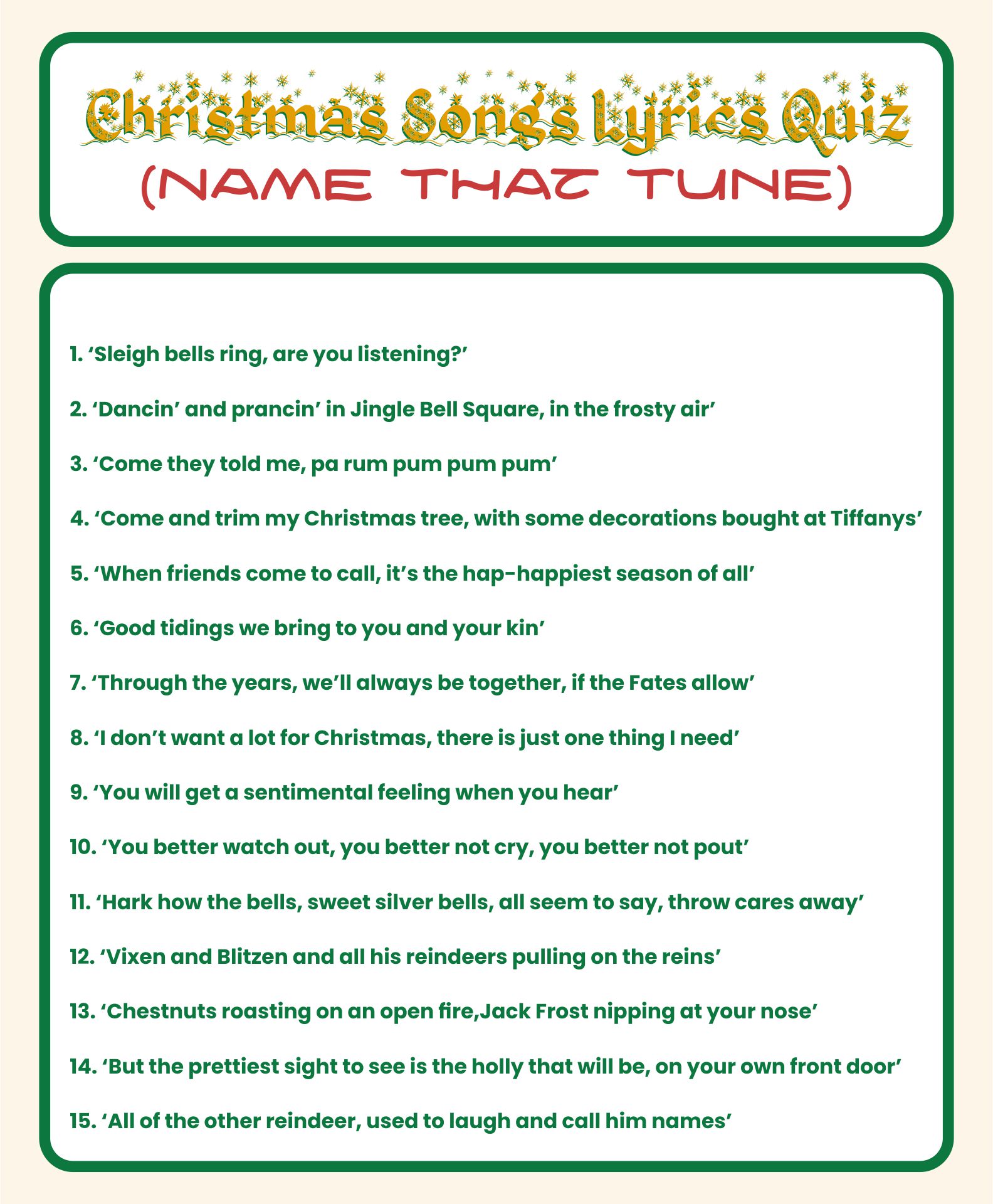Printable Christmas Song Lyrics Trivia Game