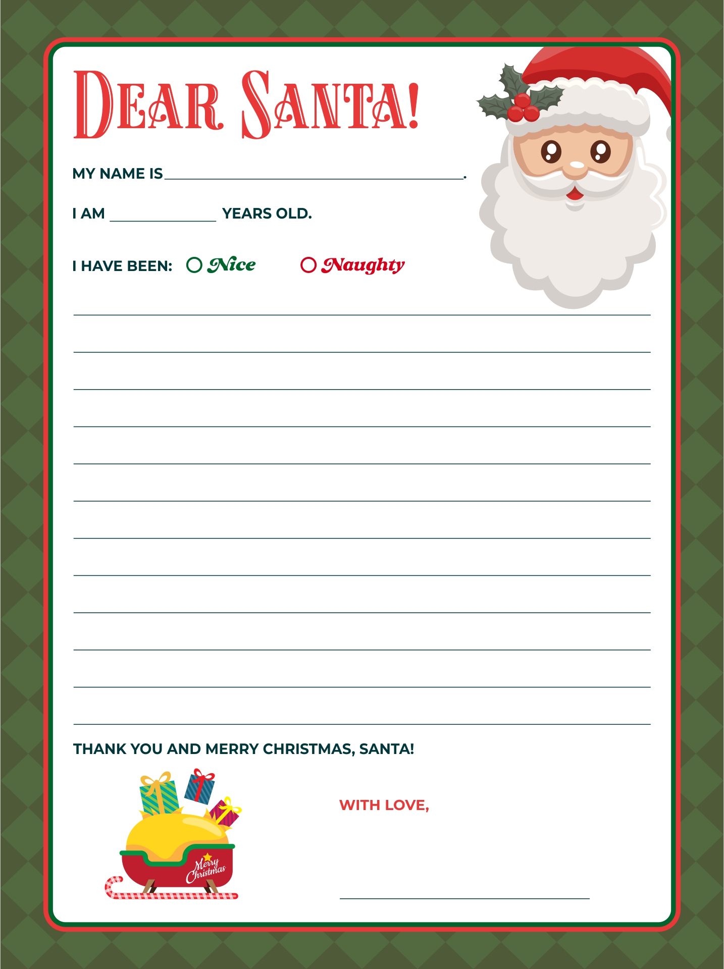 Printable Dear Santa Christmas Wish List Template
