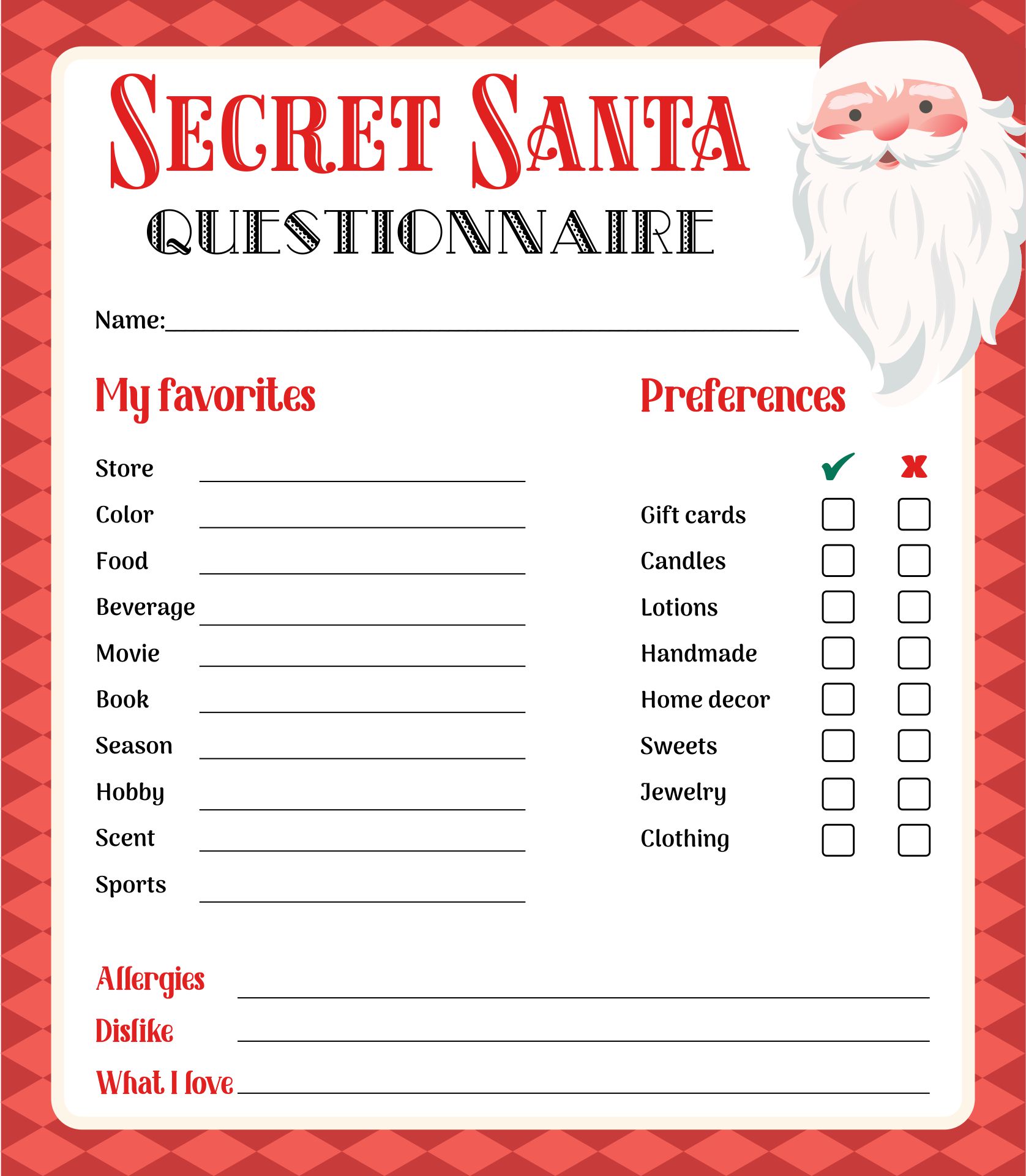 Printable Secret Santa Questionnaire For Christmas Gift