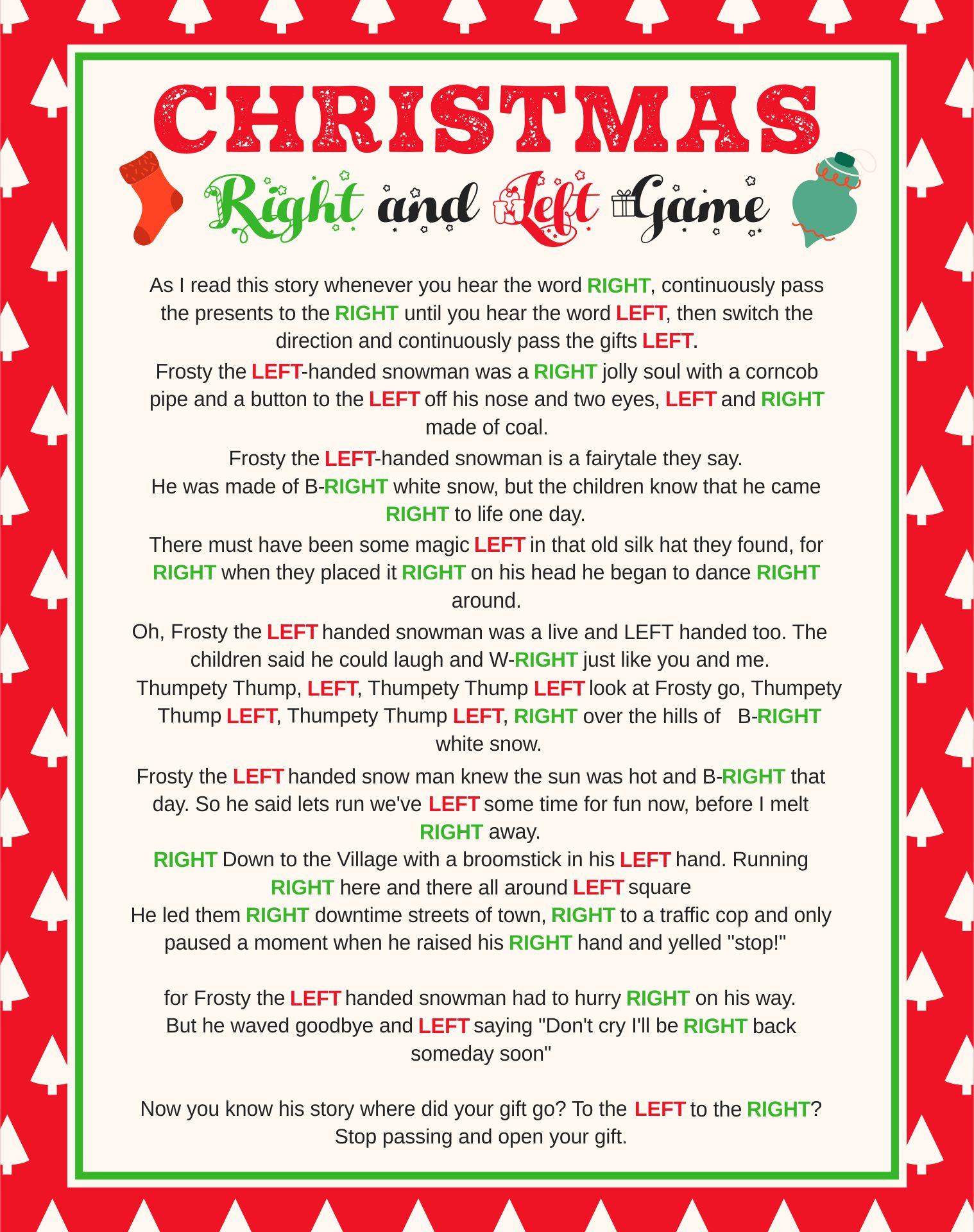 Printable Stories Right Left Christmas Game