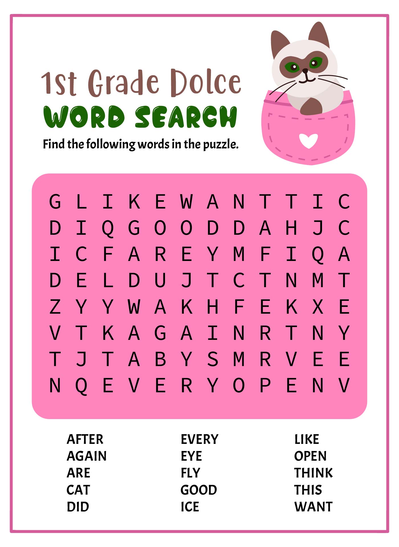 1st Grade Dolch Word Search Puzzles Printable