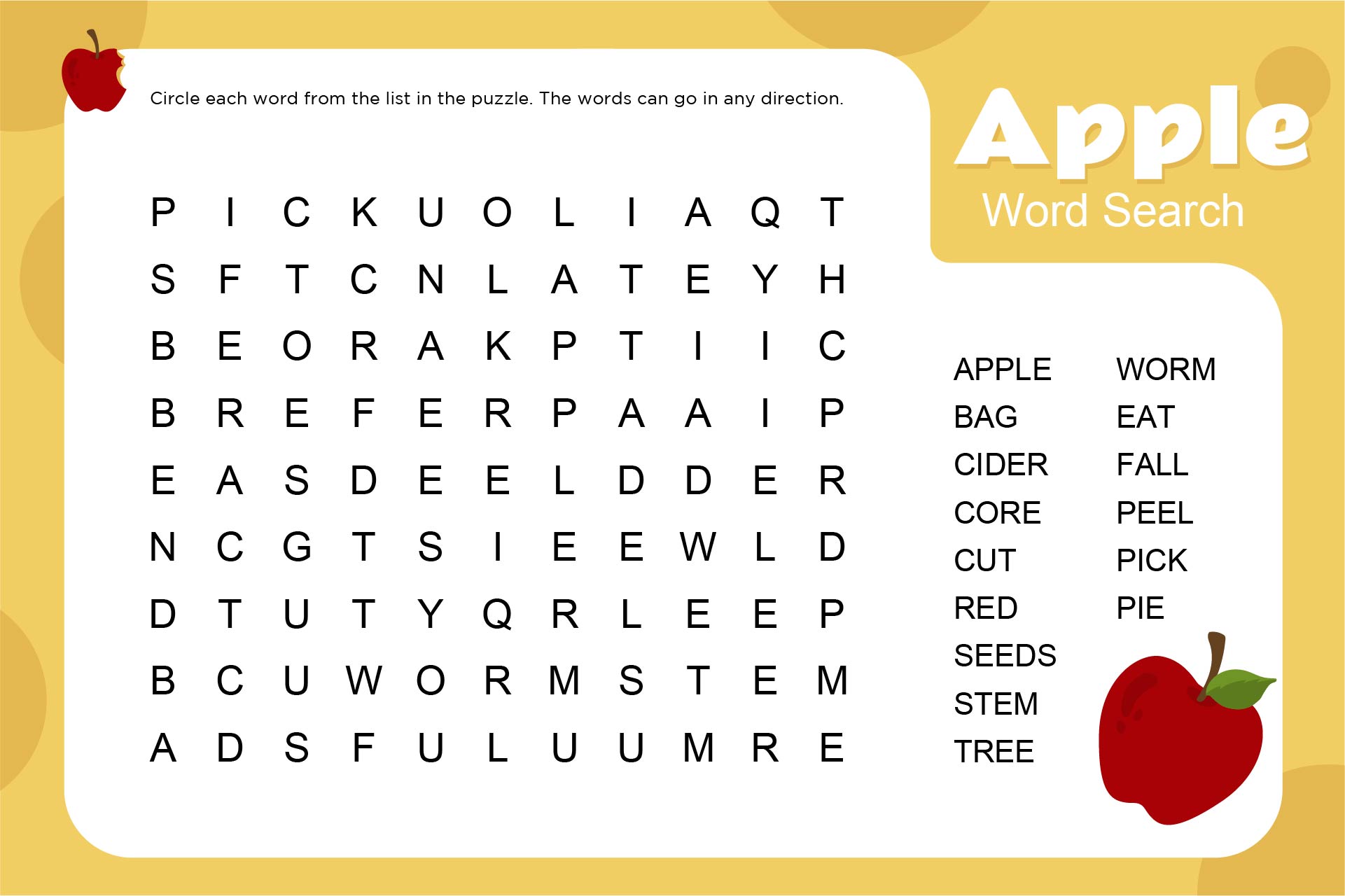 Apple Theme Spelling Activities For Grade 1 Word Search Puzzles Printable