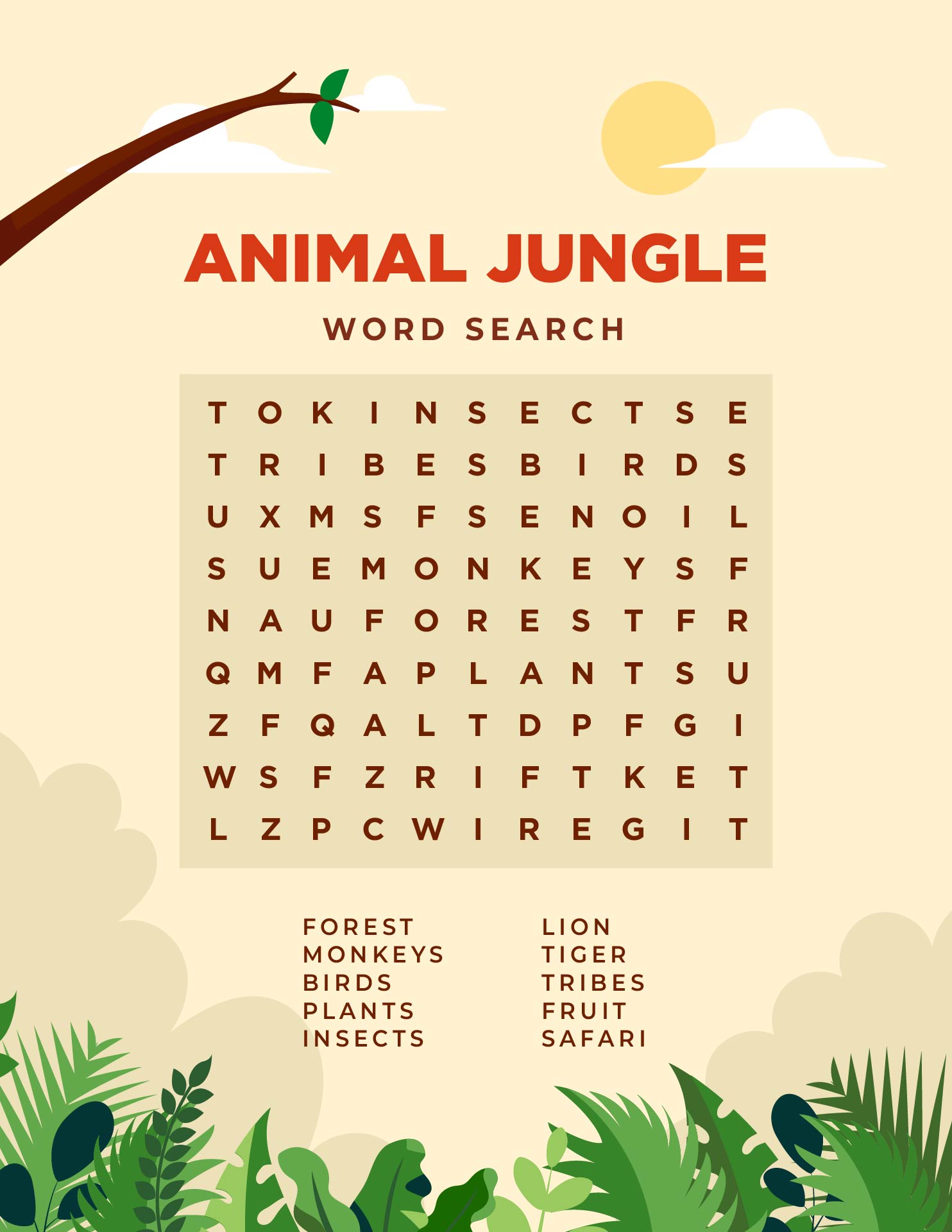 Jungle Animal Word Search Puzzle Printable