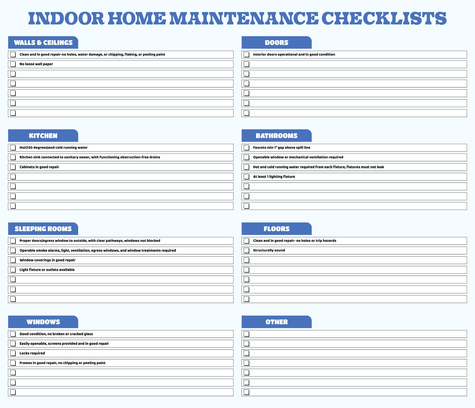 Indoor Home Maintenance Checklists Printable