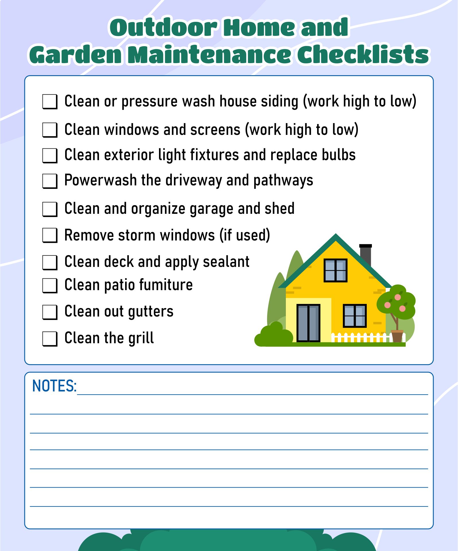 Outdoor Home And Garden Maintenance Checklists Printable