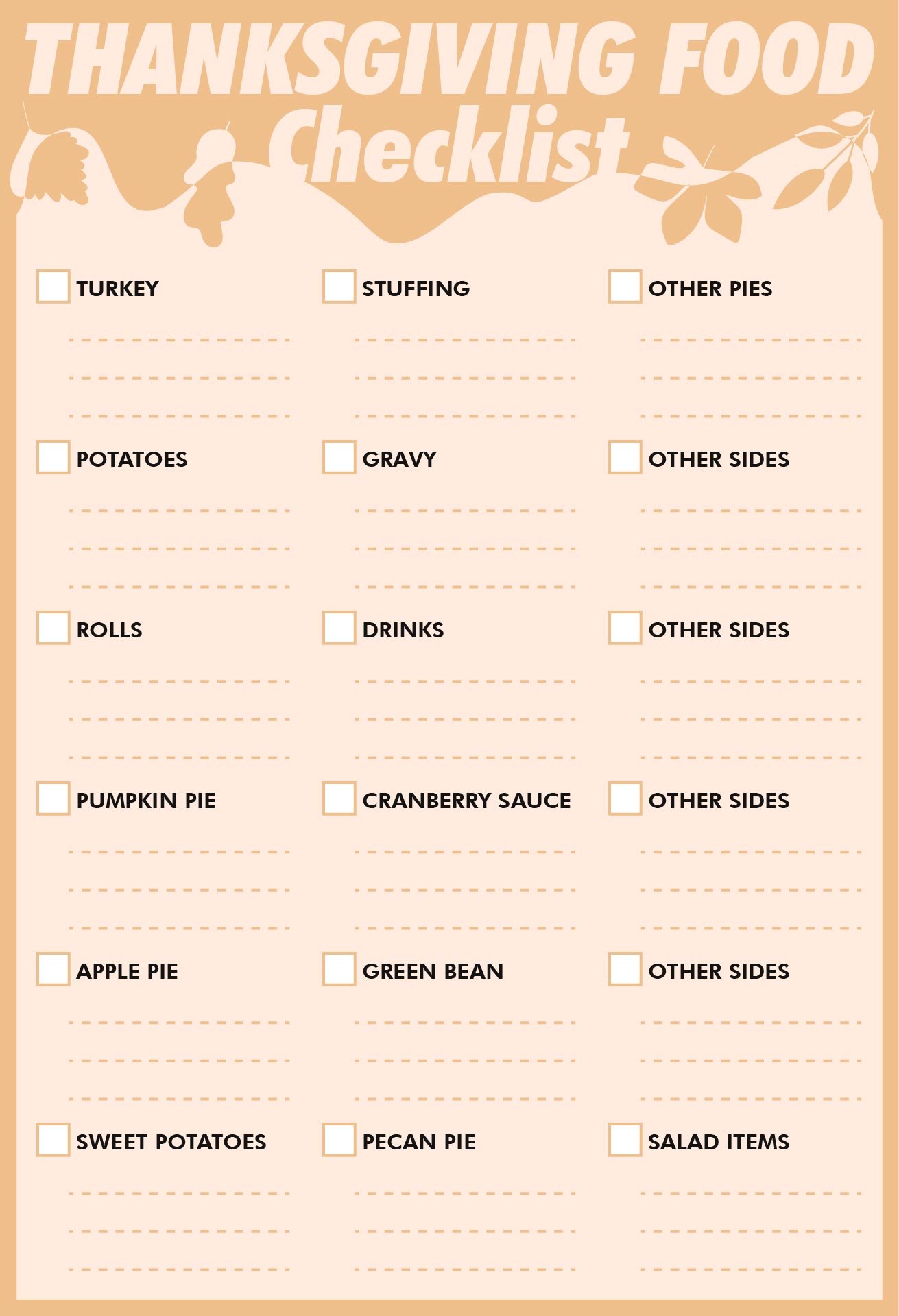 Thanksgiving Food Checklist Printables
