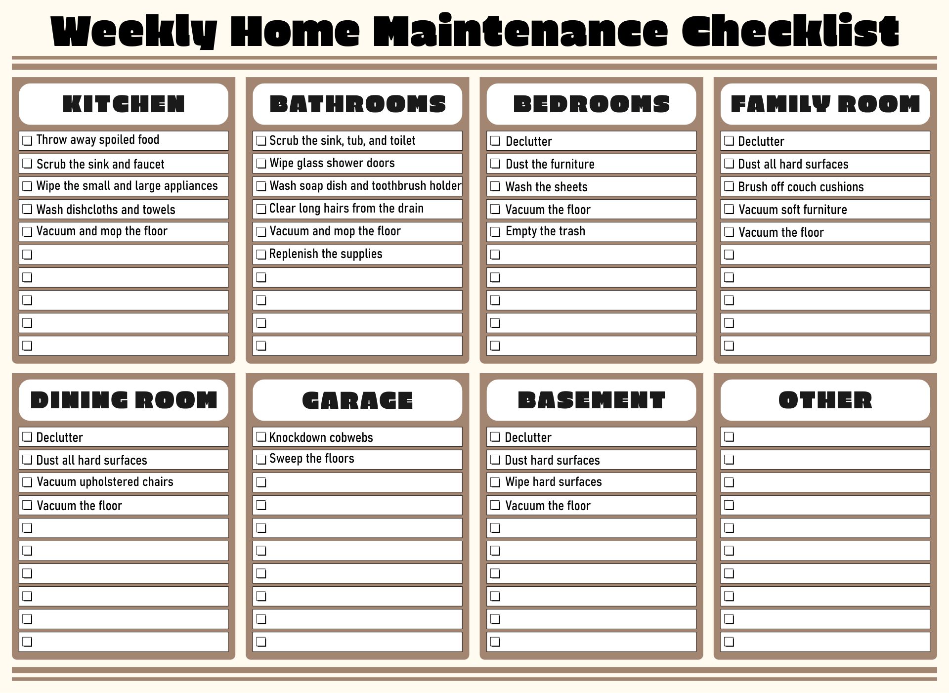 Weekly Home Maintenance Checklist Printable