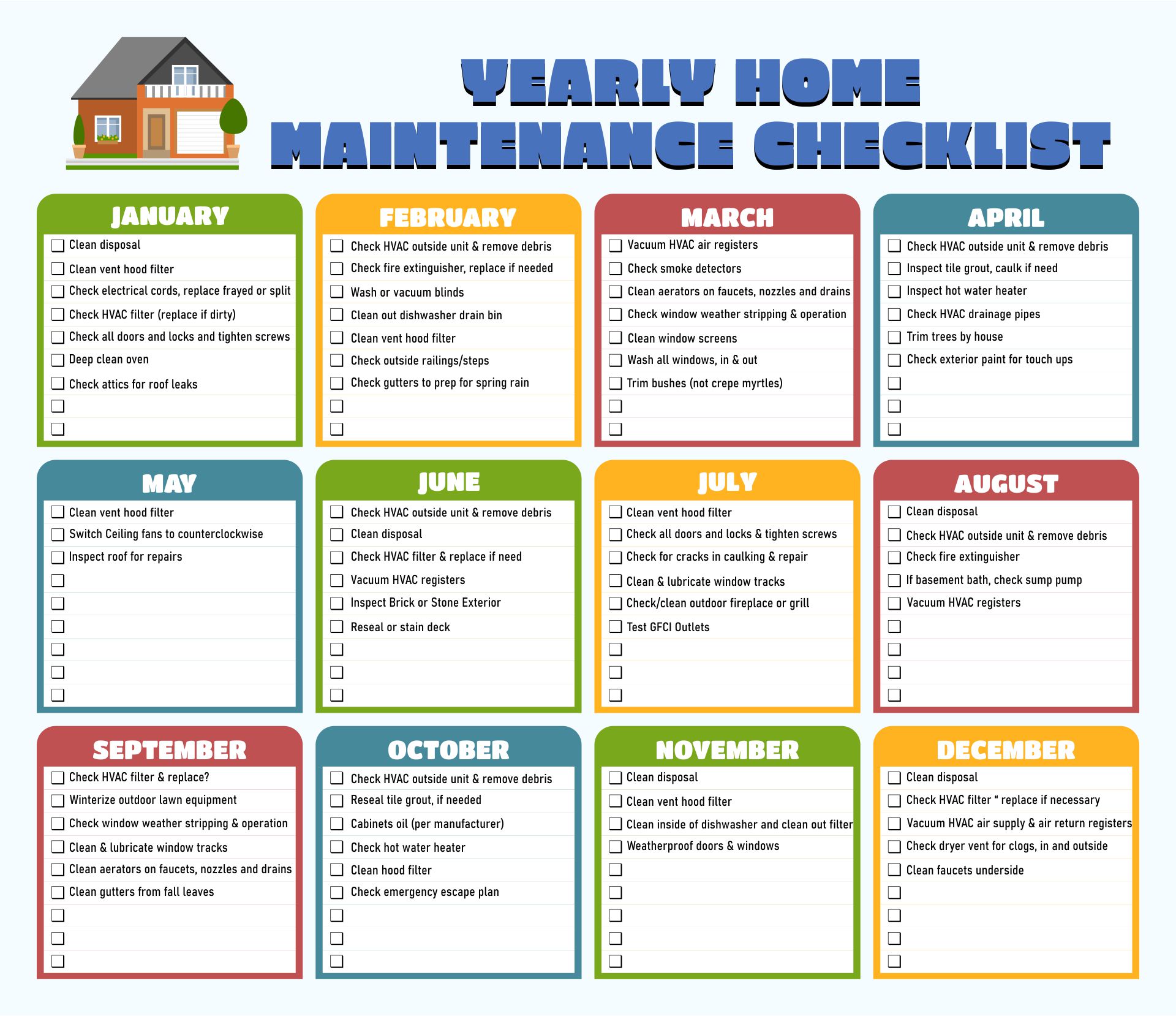Yearly Home Maintenance Checklist Printable