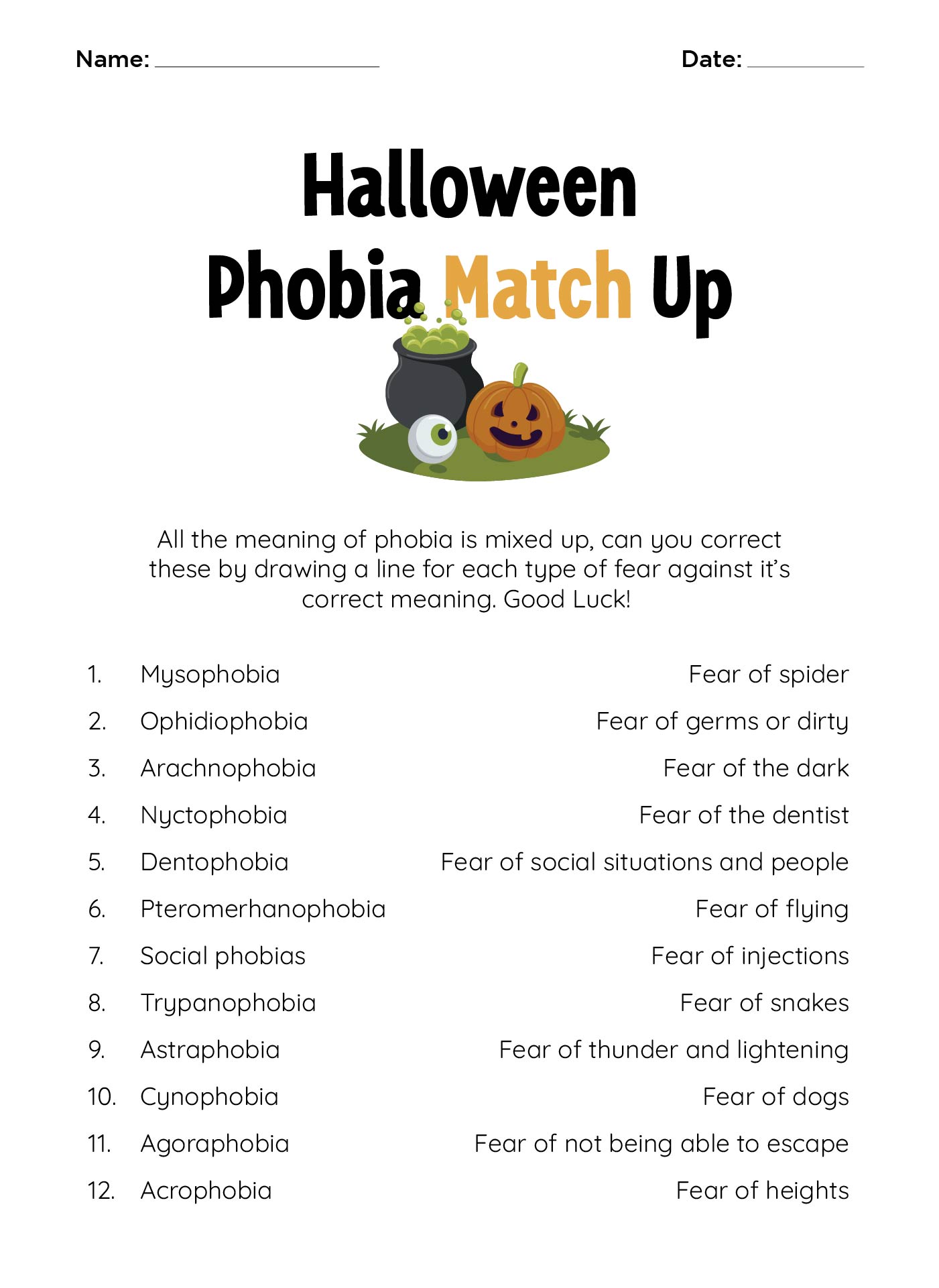 Printable Halloween Phobia Match-up Game