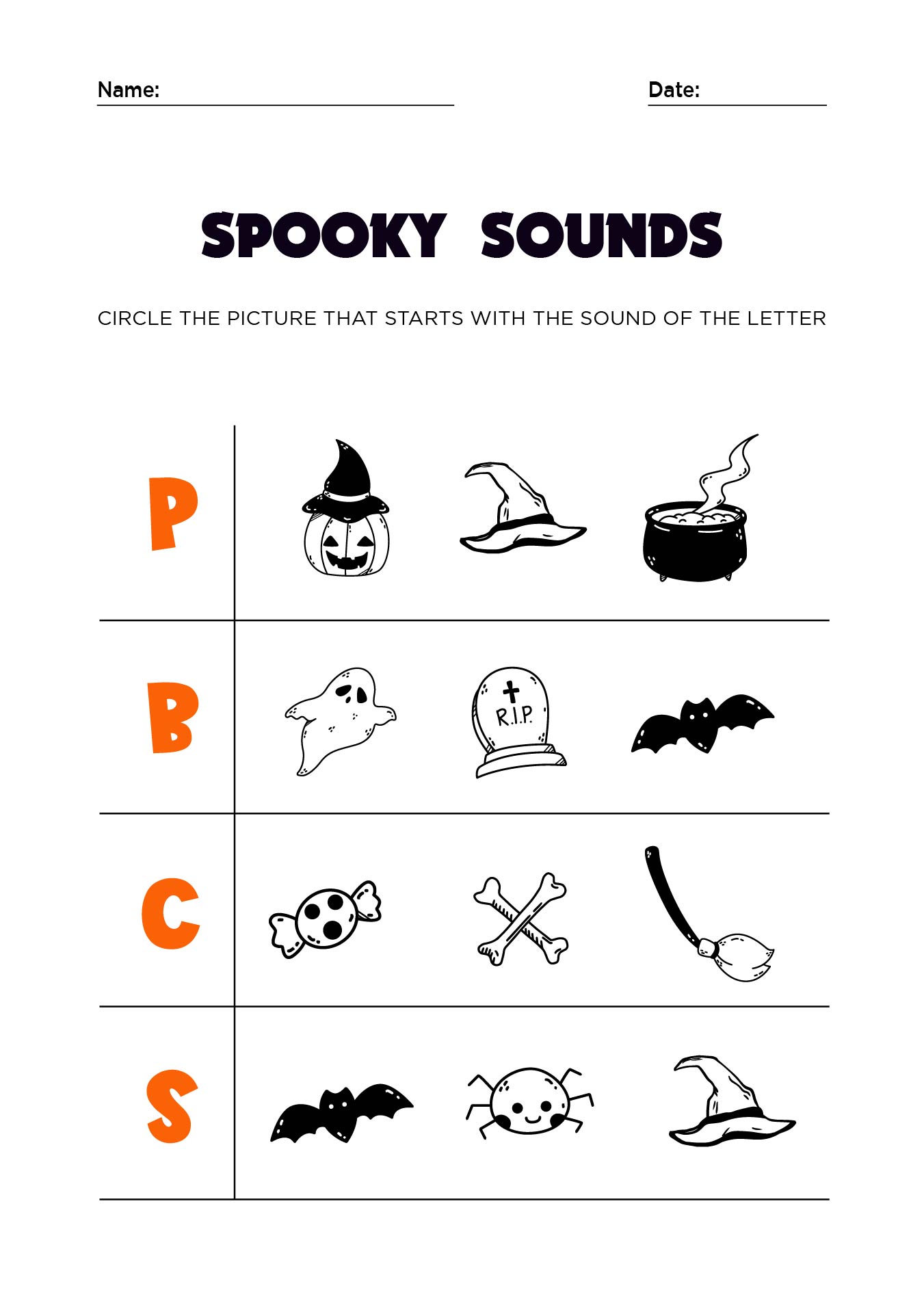 Printable Halloween Themed Letter Sounds Worksheet