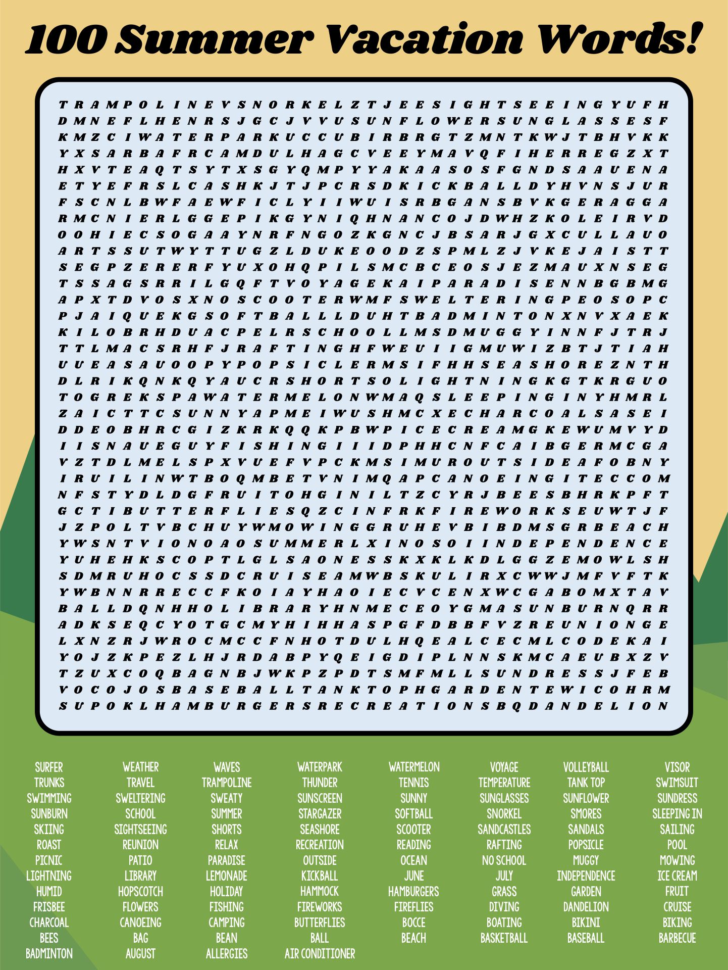 100 Summer Vacation Words Word Search Printable