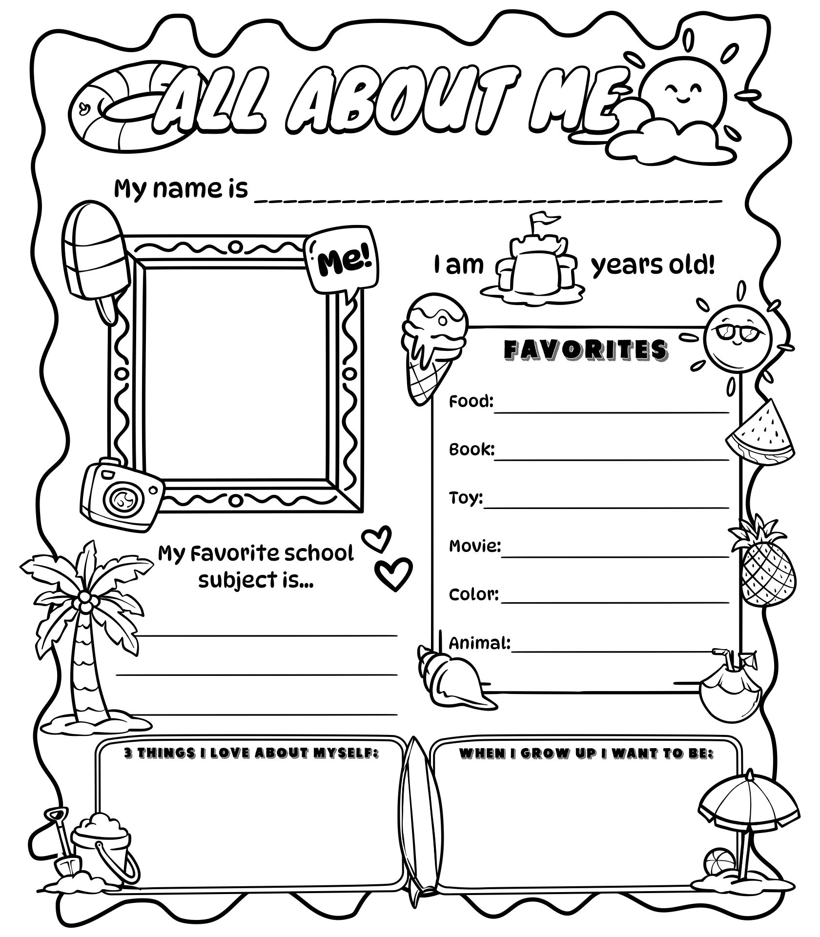 All About Me Posters Back To School Summer Theme Printable