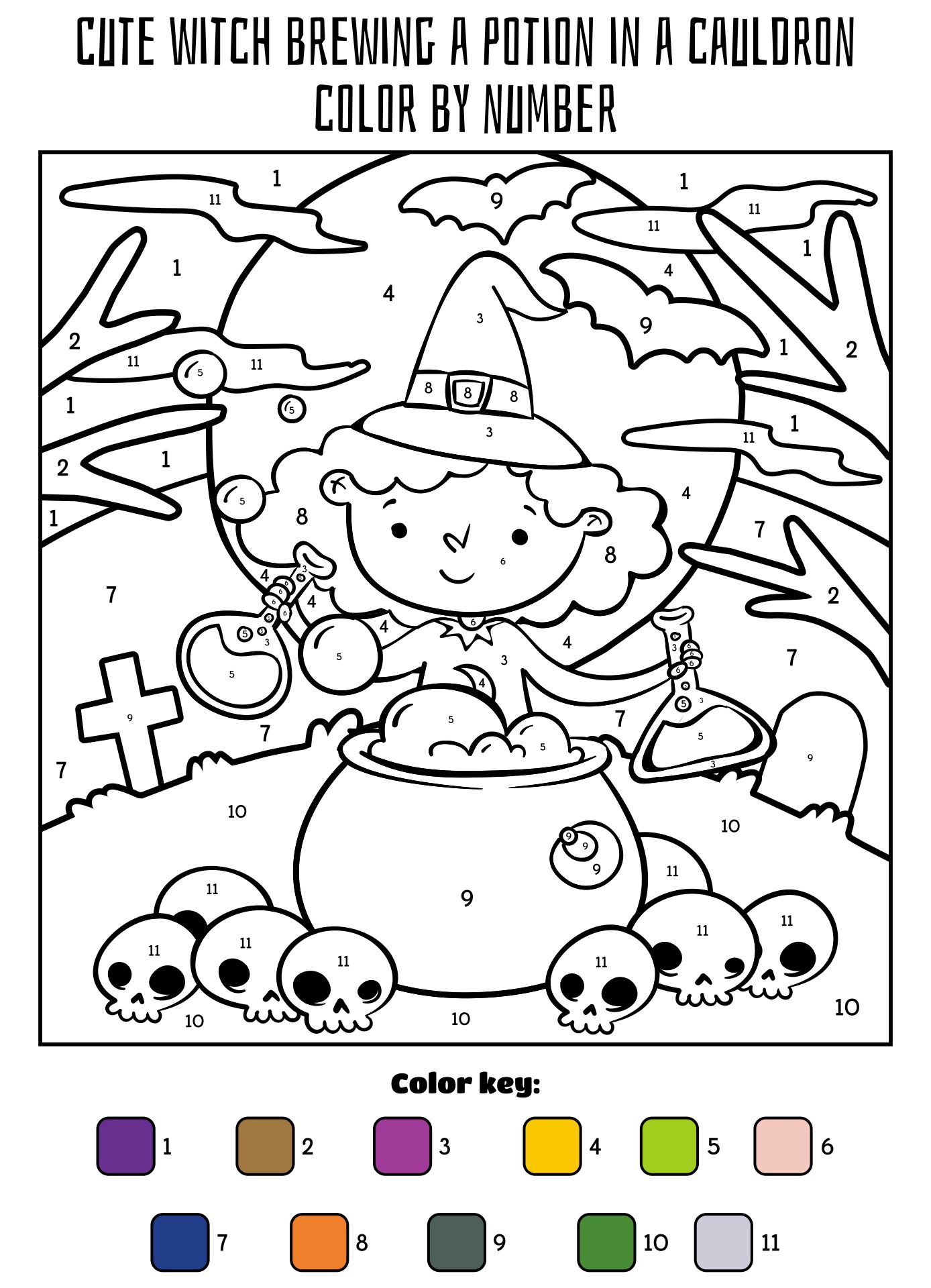 Cute Witch Brews A Potion In A Cauldron Color By Number Printable