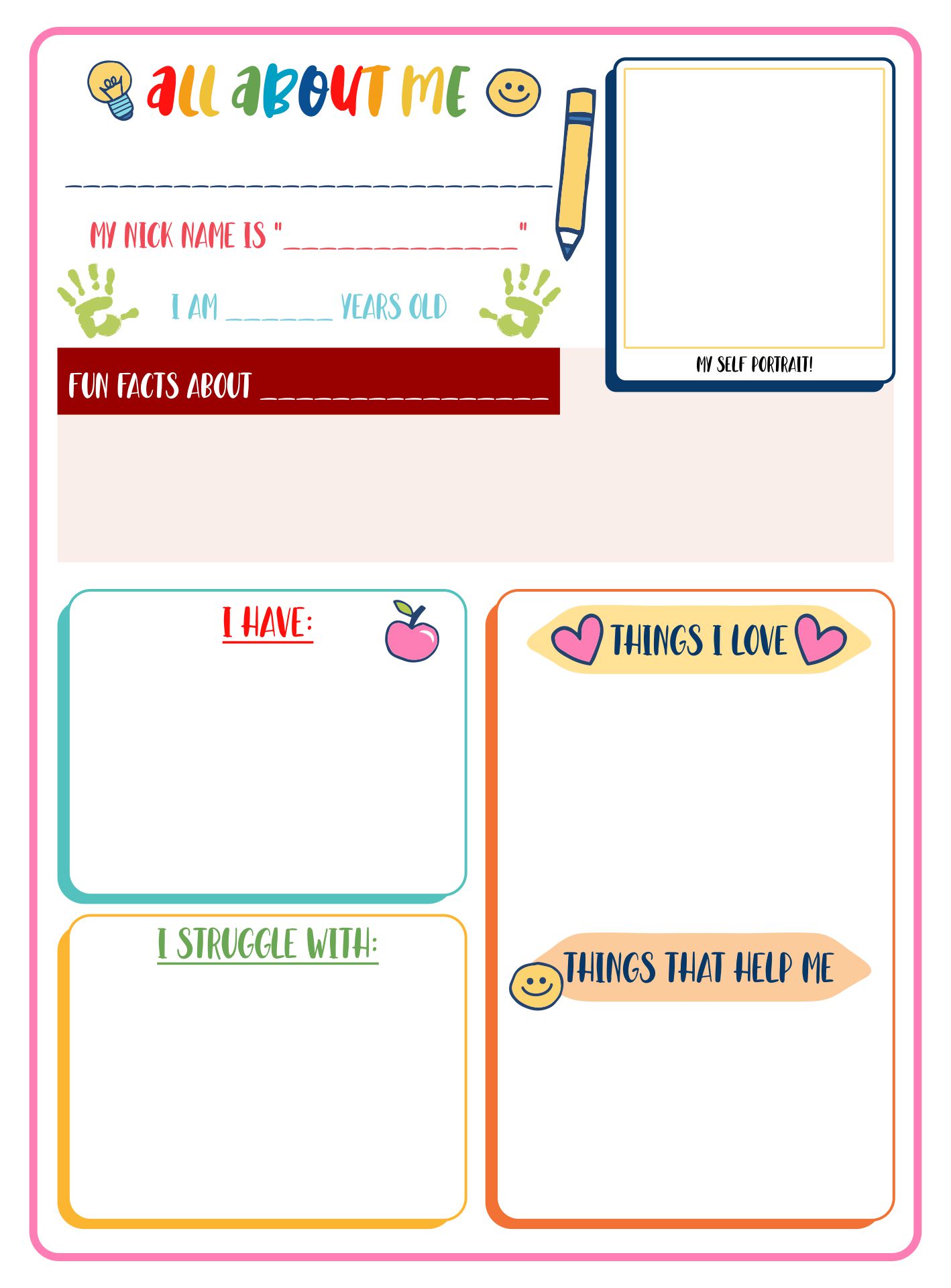 First Day Of School All About Me Special Needs Child Info Printable