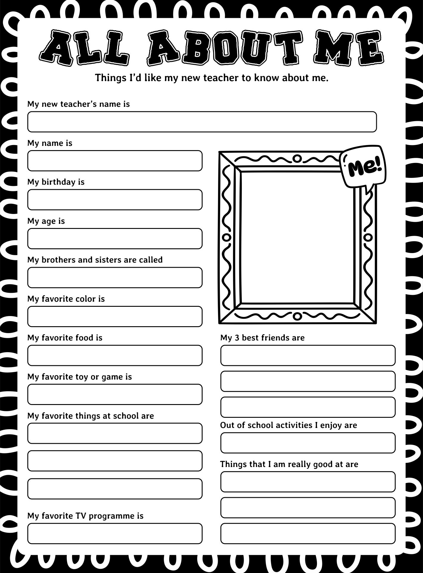 NYE All About Me Printable Worksheets For Preschool