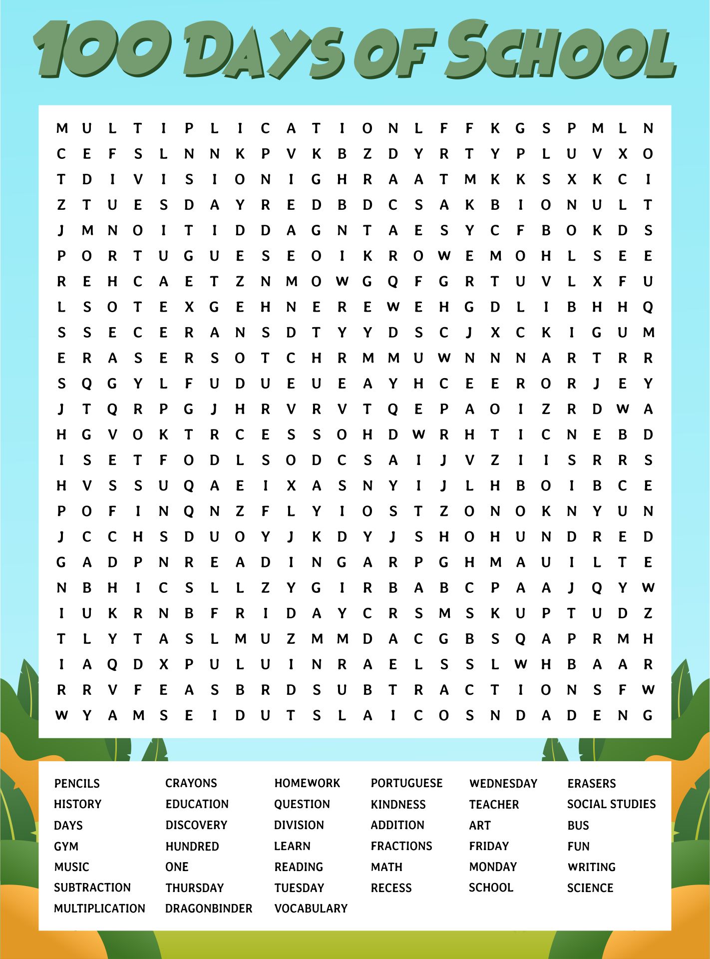 Printable 100 Days Of School Word Search