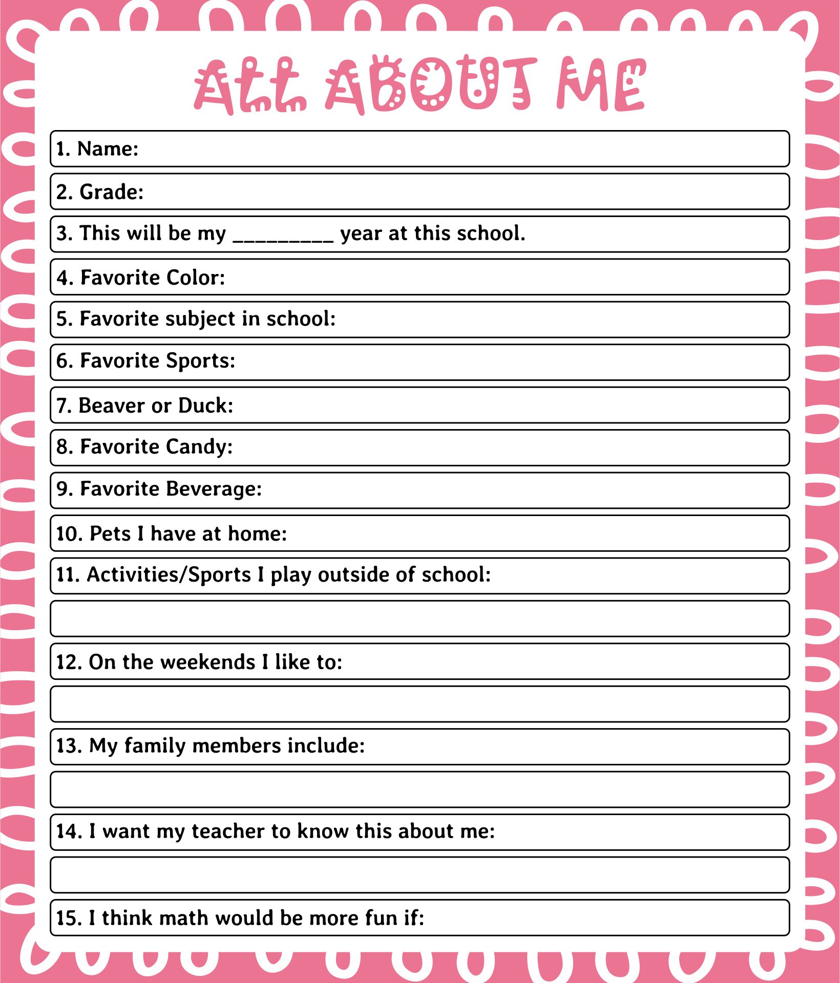 Printable All About Me Questions For Middle School Students Forms Templates