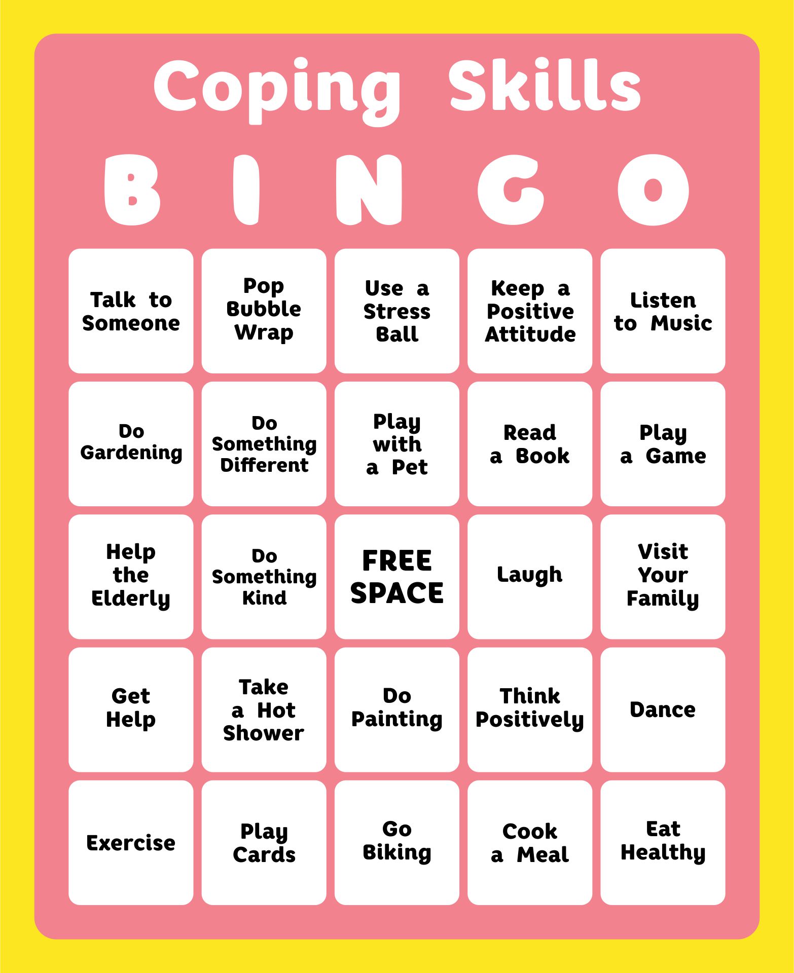 Printable Coping Skills Bingo Cards Templates