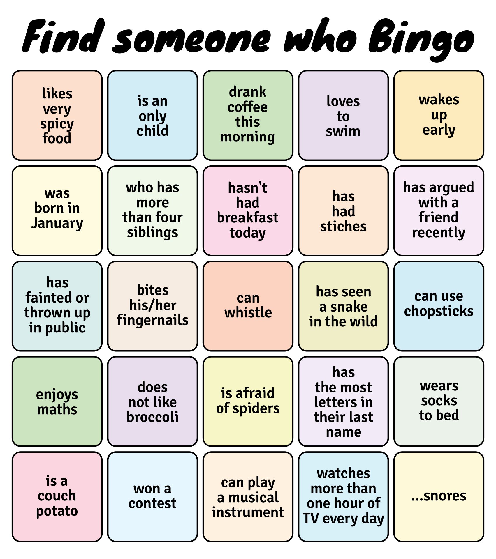 Printable Find Someone Who Bingo Templates