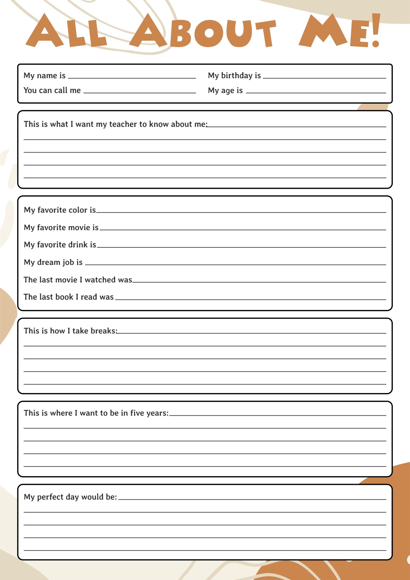 Printable Handwriting Practice All About Me Worksheet Kindergarten