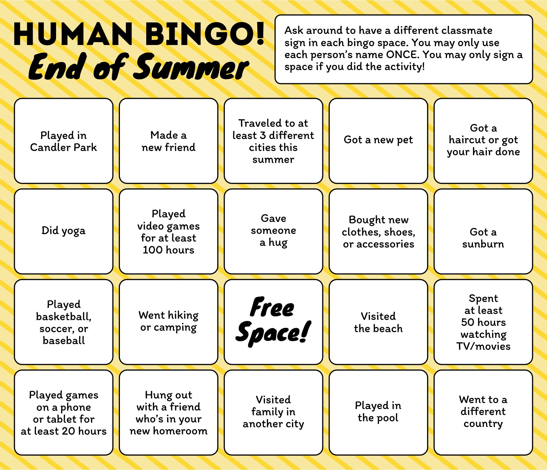 Printable Human Bingo Summer Activities Templates