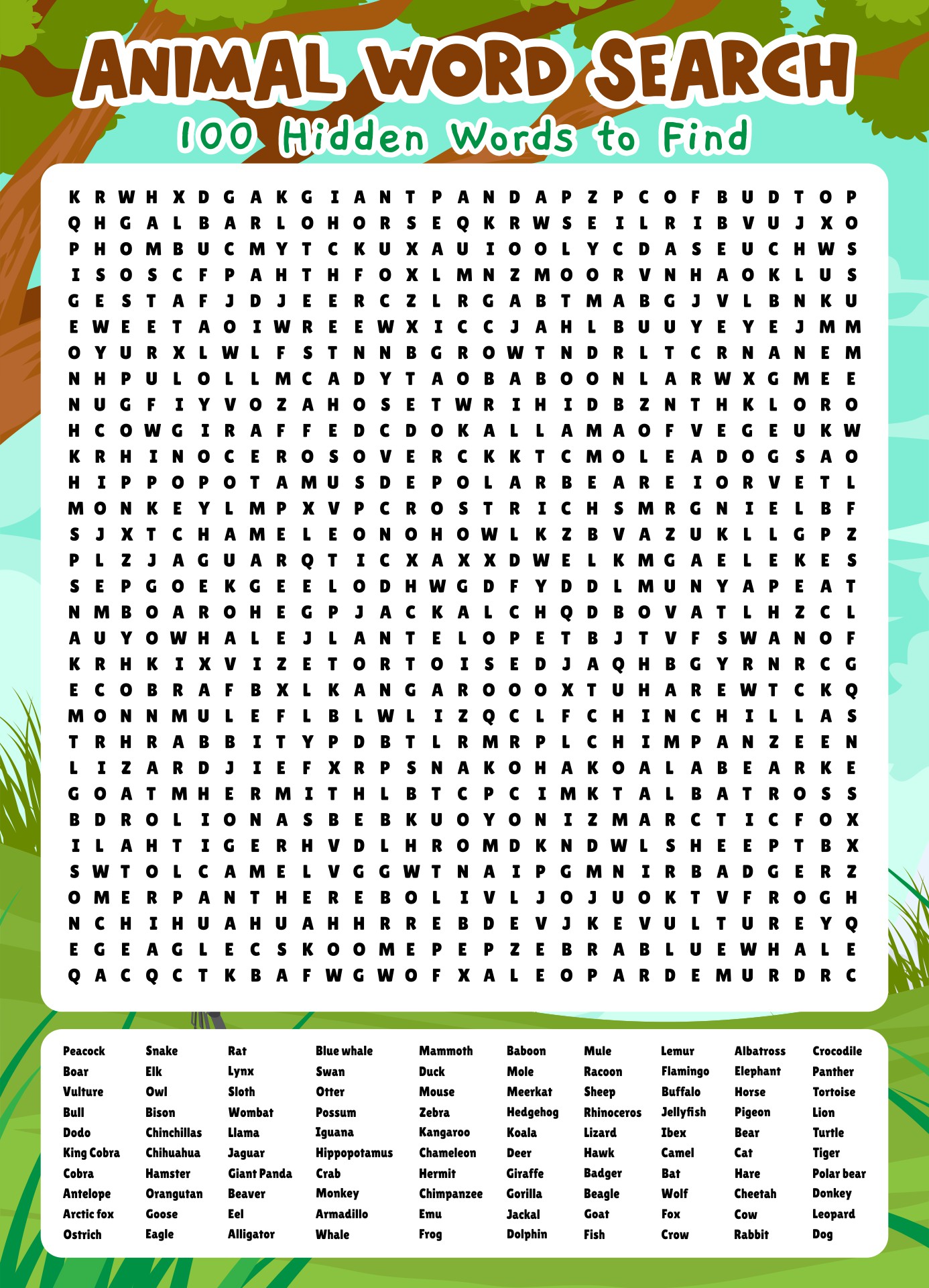 100 Animal Word Search Printable