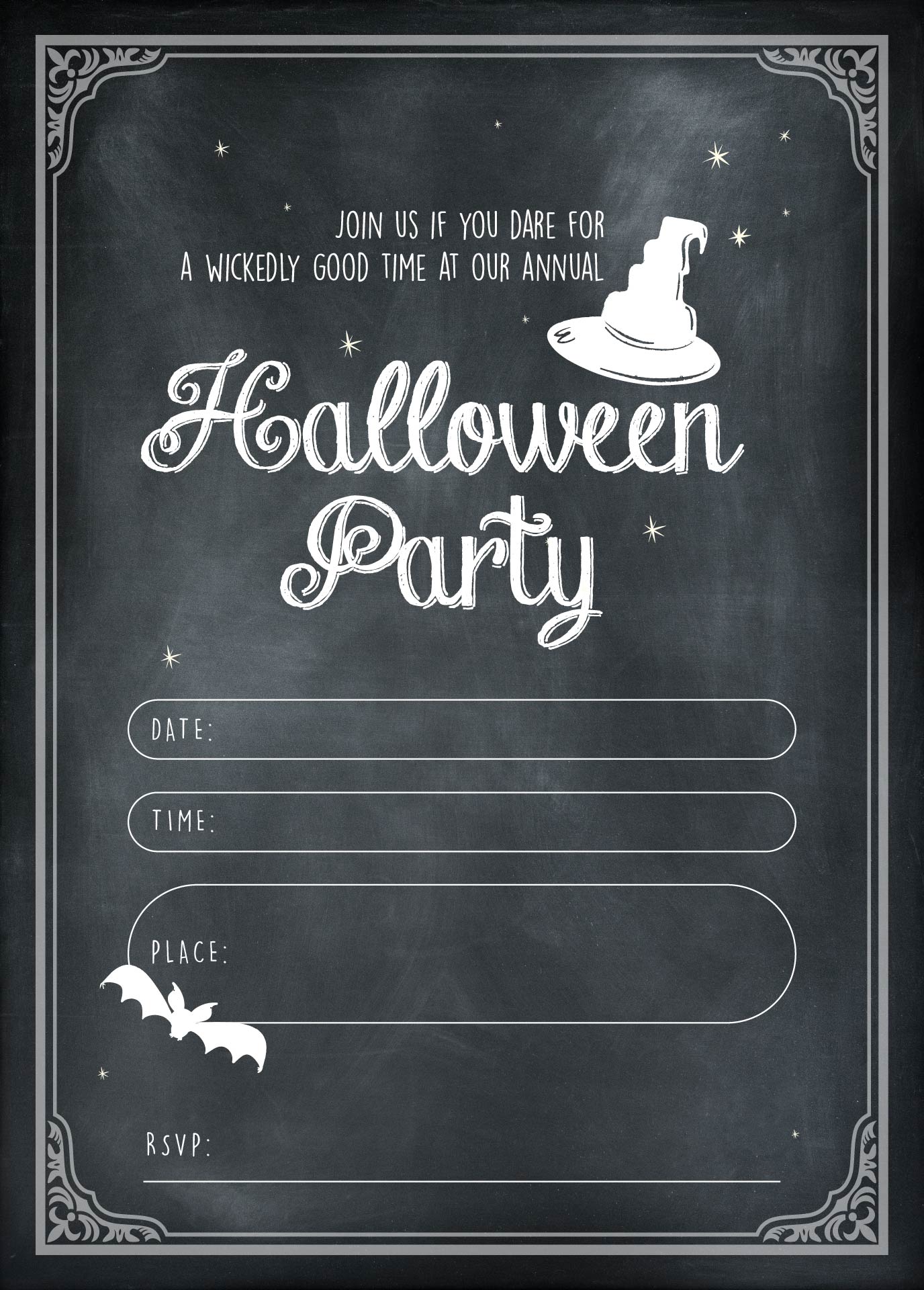 Chalkboard Vintage Frame Halloween Party Printable Invitation