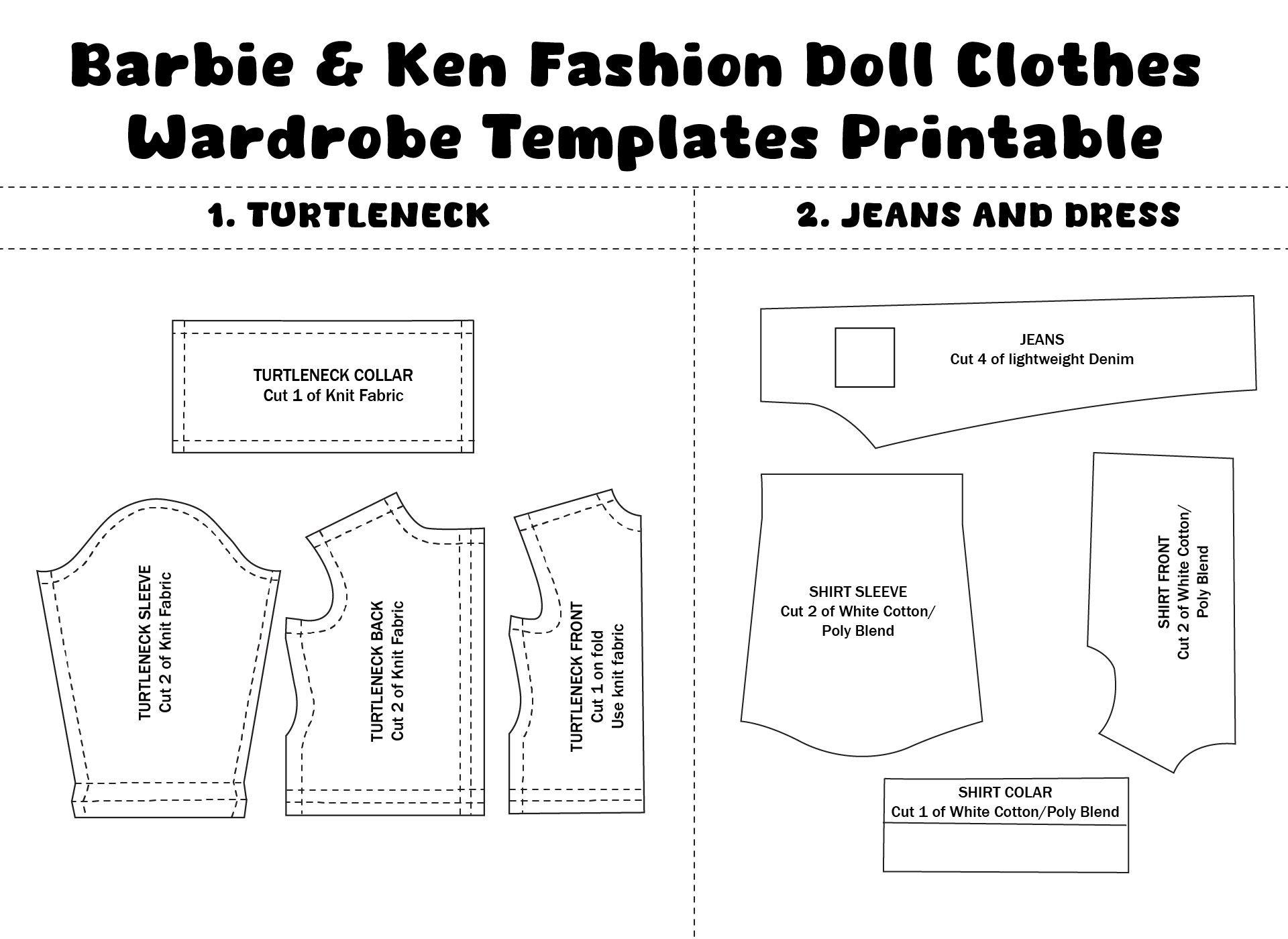 Barbie & Ken Fashion Doll Clothes Wardrobe Templates Printable