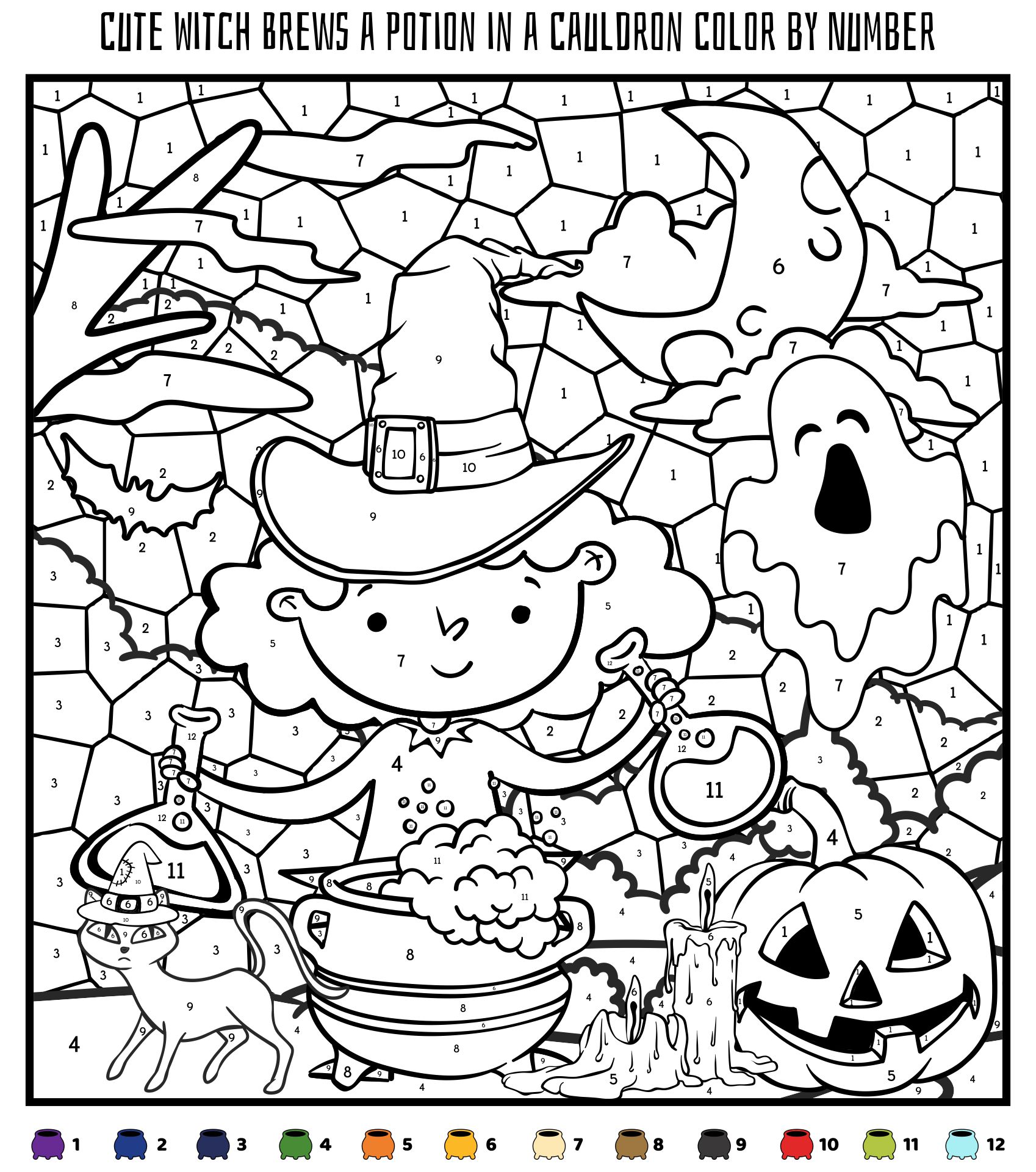 Cute Witch Brews A Potion In A Cauldron Color By Number Printable