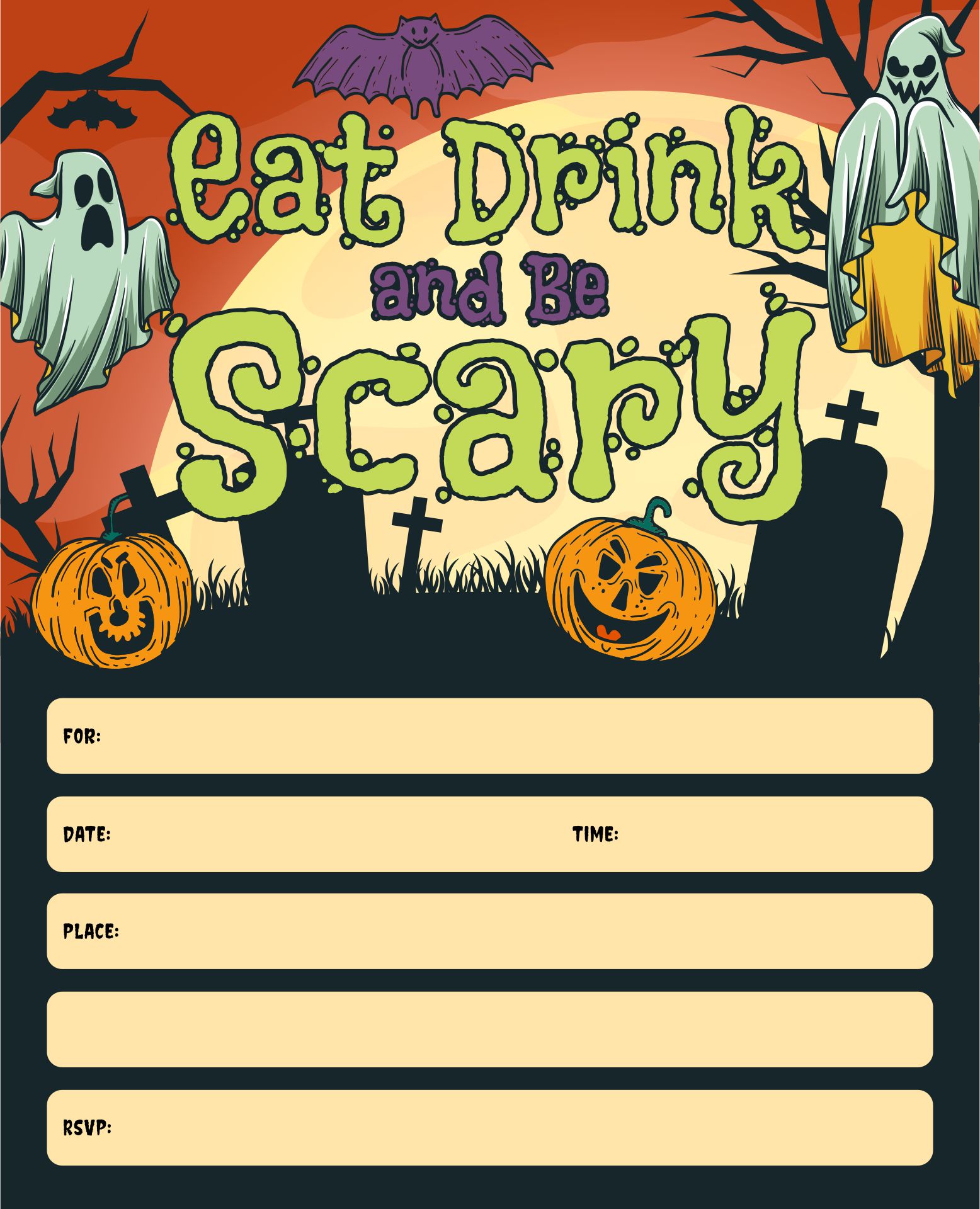 Eat Drink And Be Scary Spooky Graveyard Halloween Party Printable Invitation