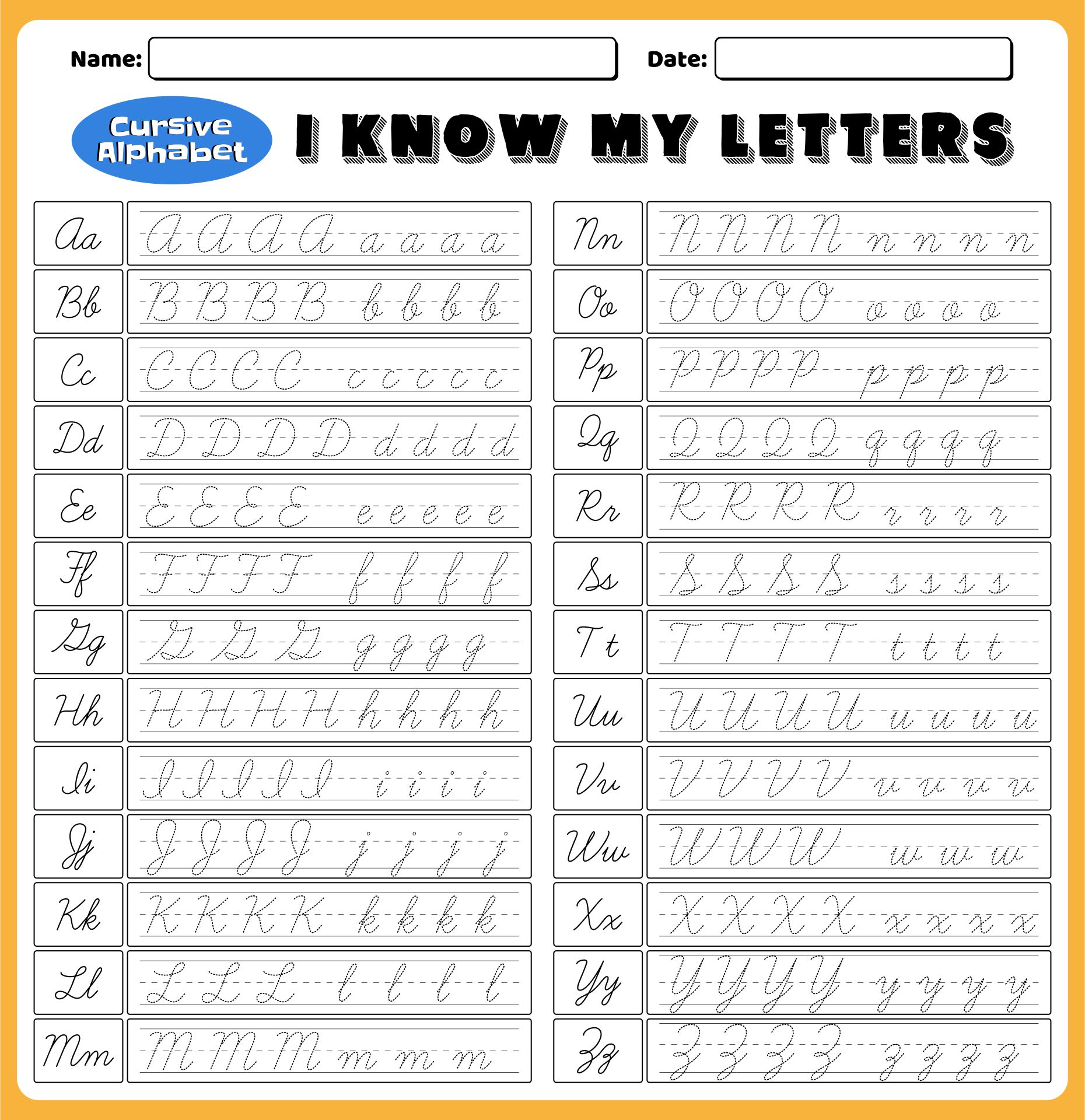 Printable Cursive Alphabet I Know My Letters Worksheets
