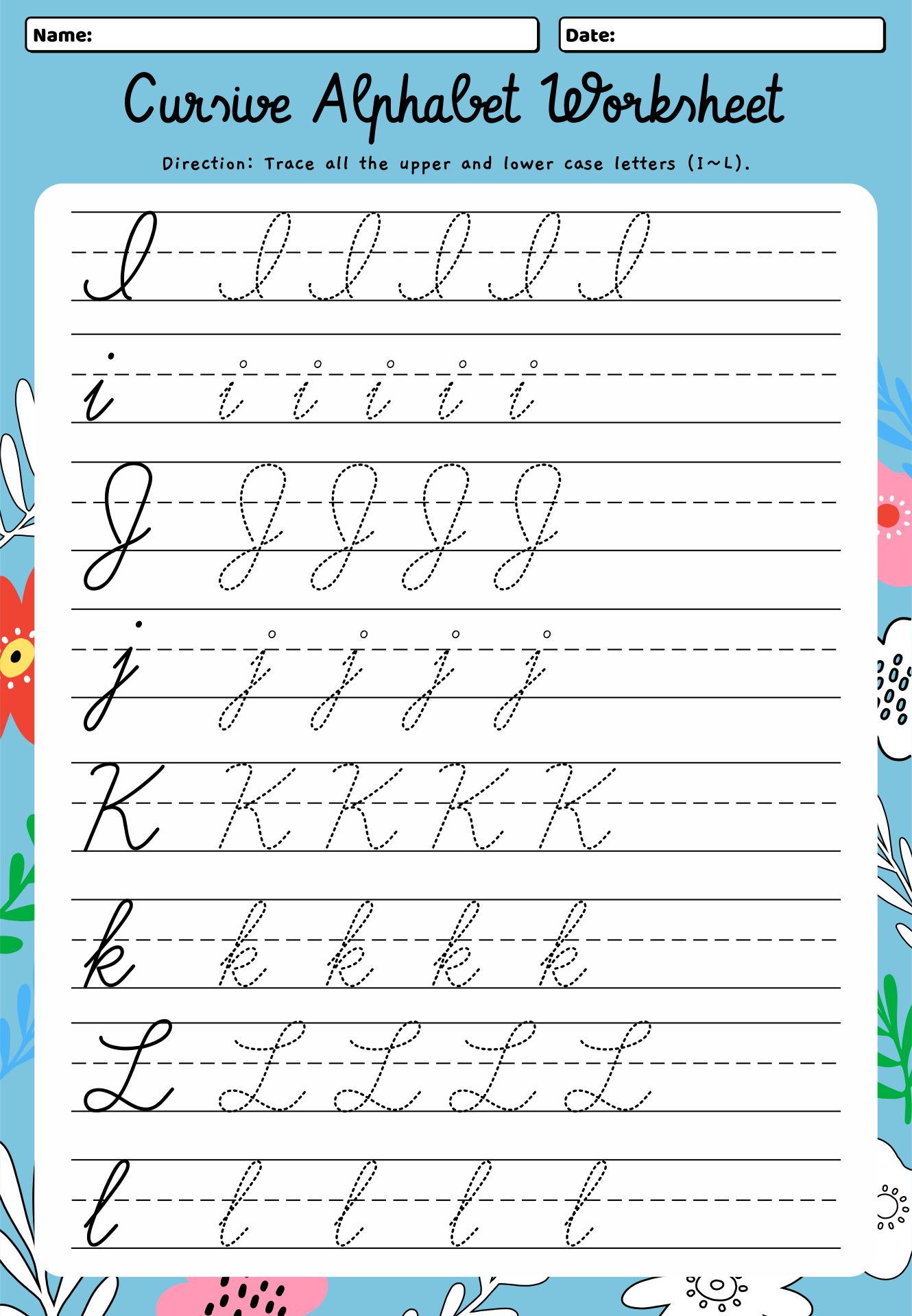 Printable Cursive Alphabet Worksheet - Letters I To L