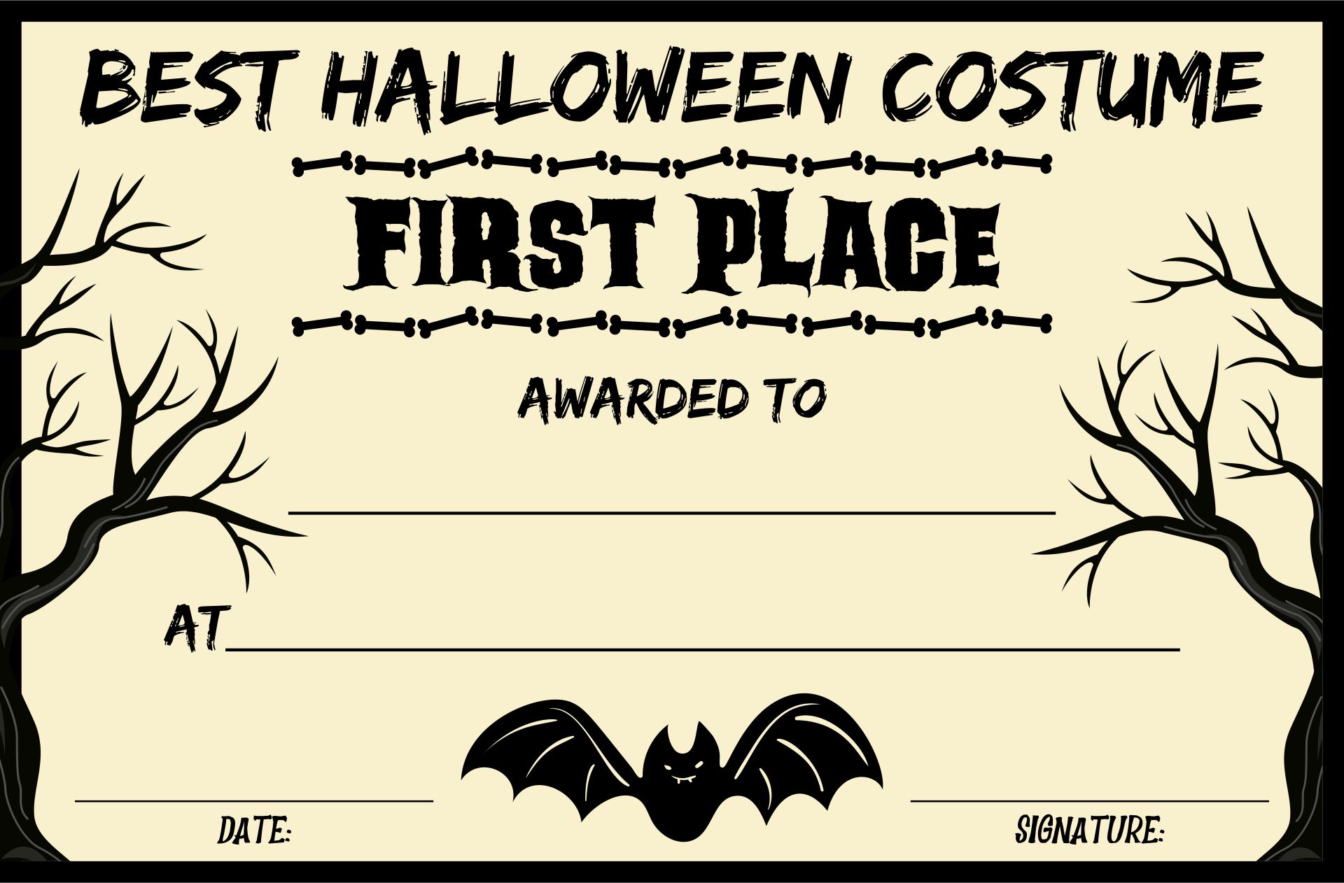 Printable Halloween Award Halloween Costume Certificate 1st Place