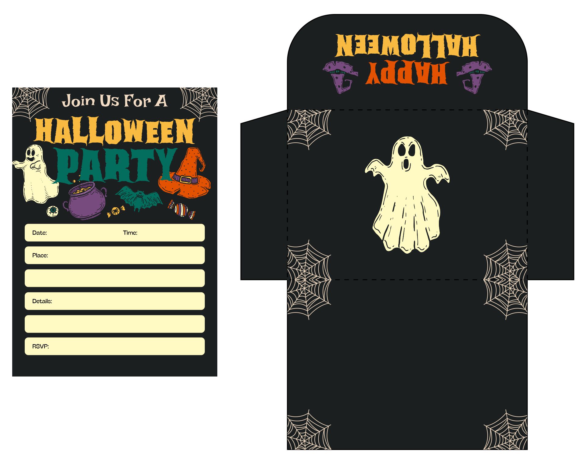Printable Halloween Party Invitation Cards And Envelopes