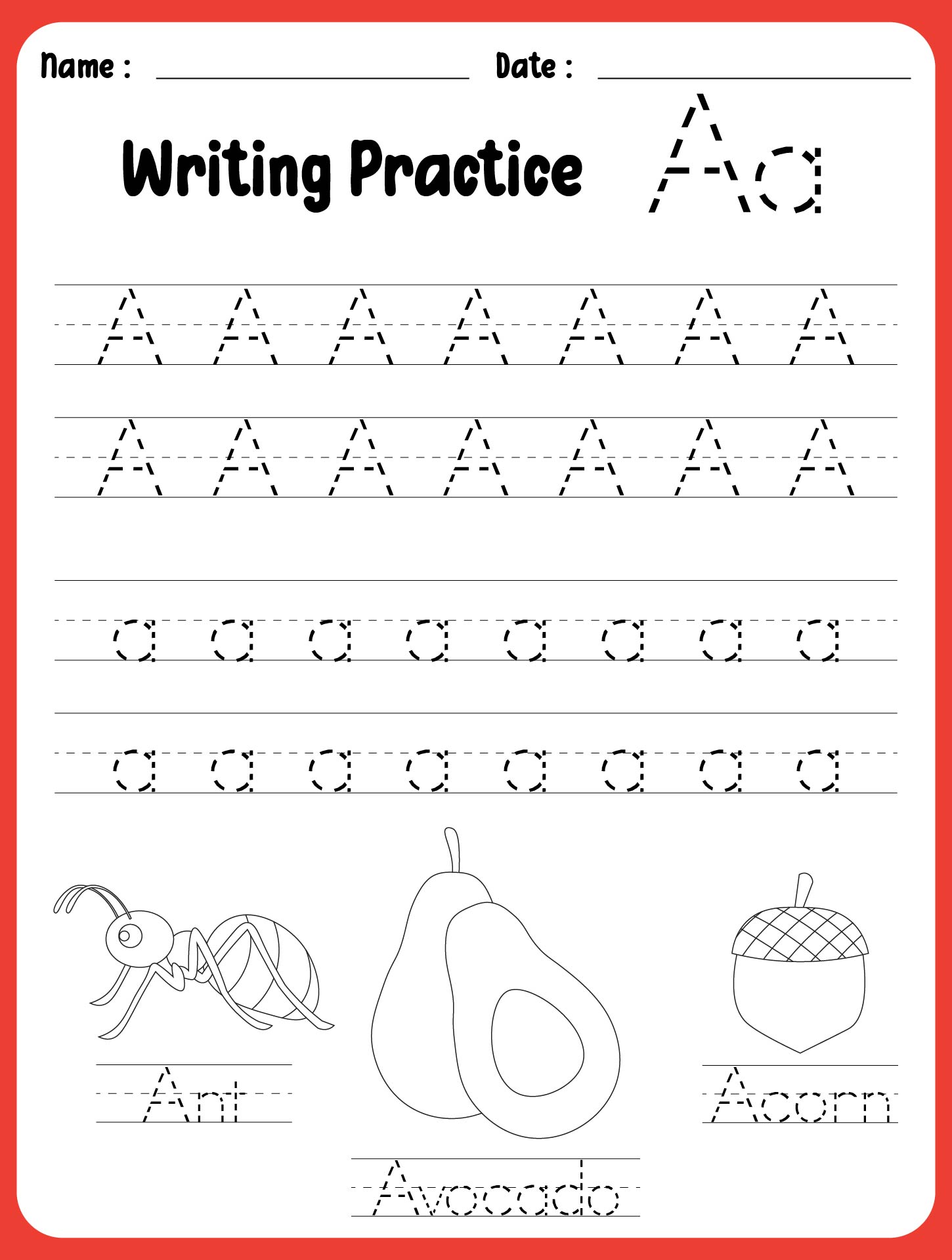 Printable Letter A Writing Practice Worksheet For Preschool