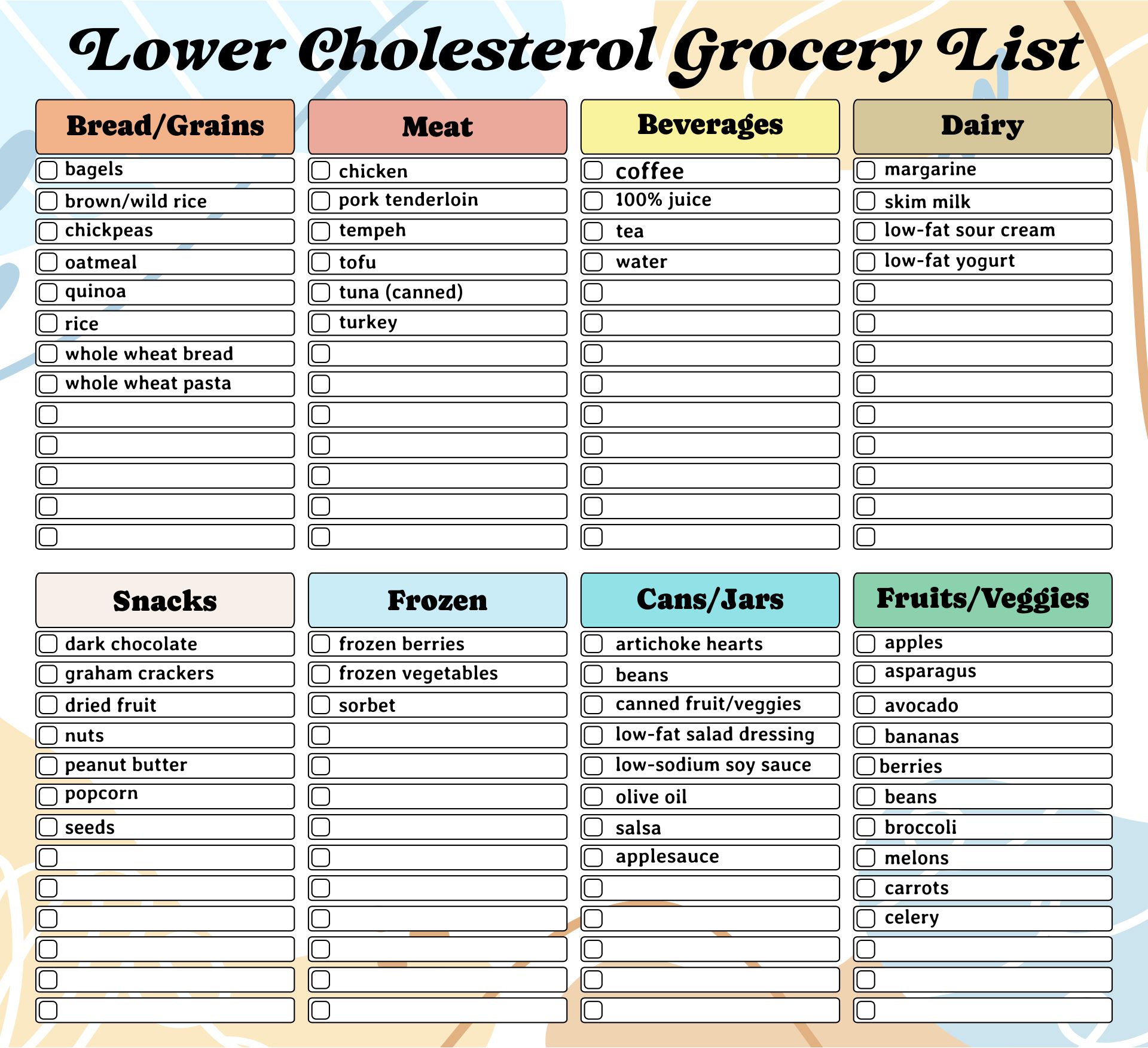 Printable Lower Cholesterol Grocery List