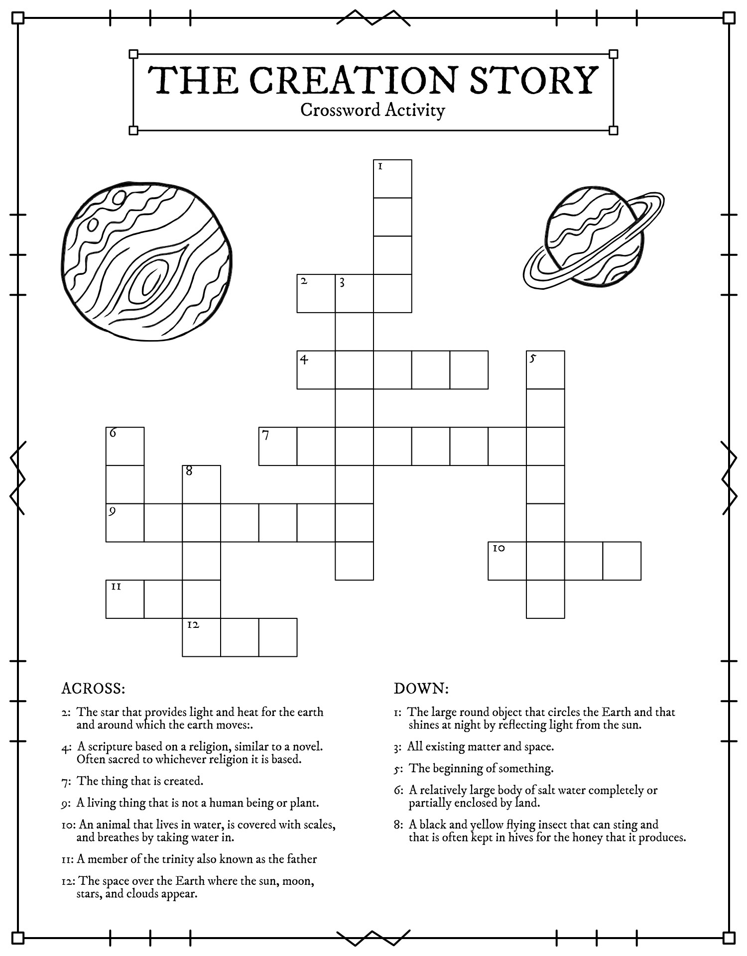 Simple Crossword Activity Sheets About The Creation Story Printable