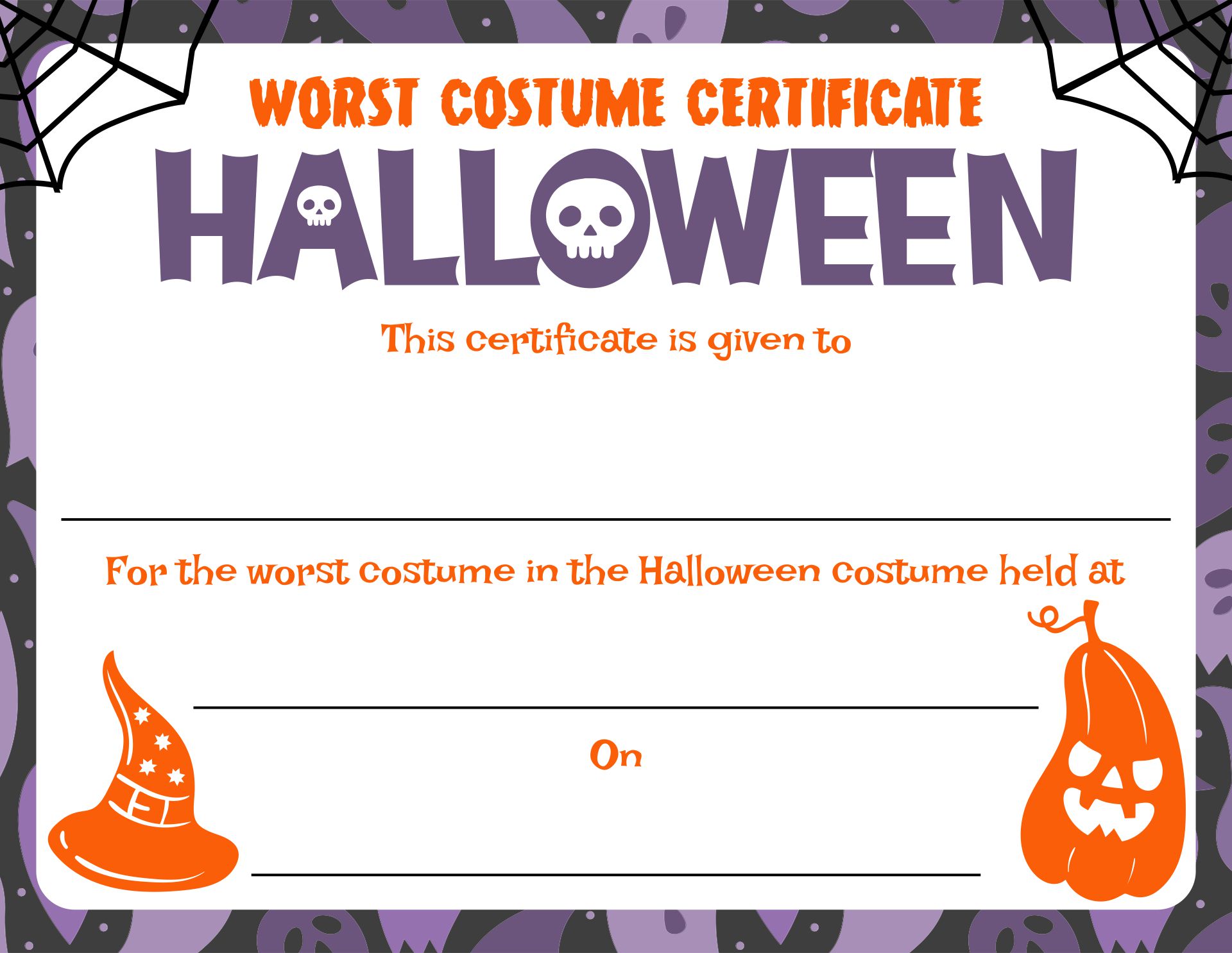 Worst Halloween Costume Awards Printable Background