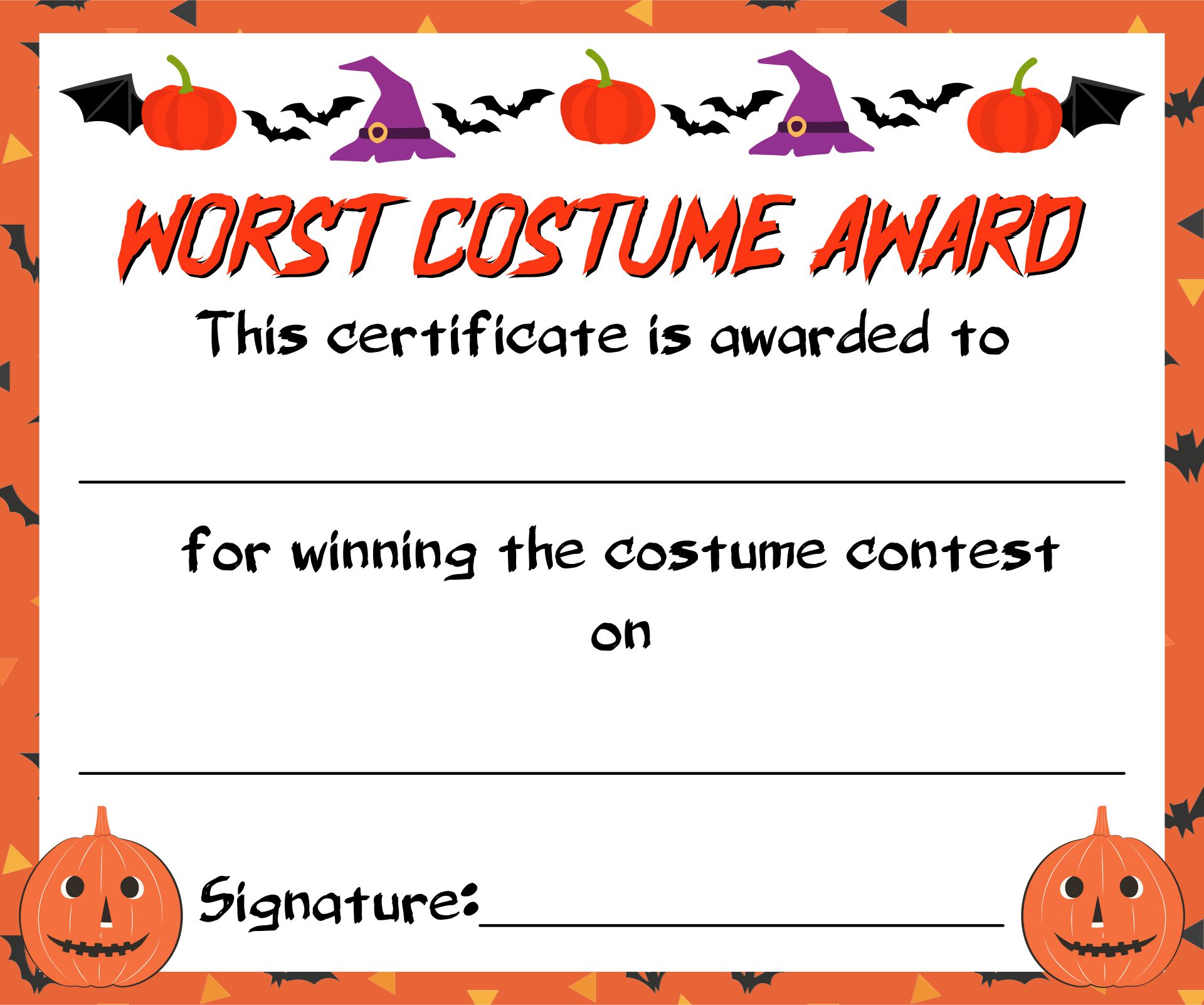 Worst Halloween Costume Competition Award Printable Template