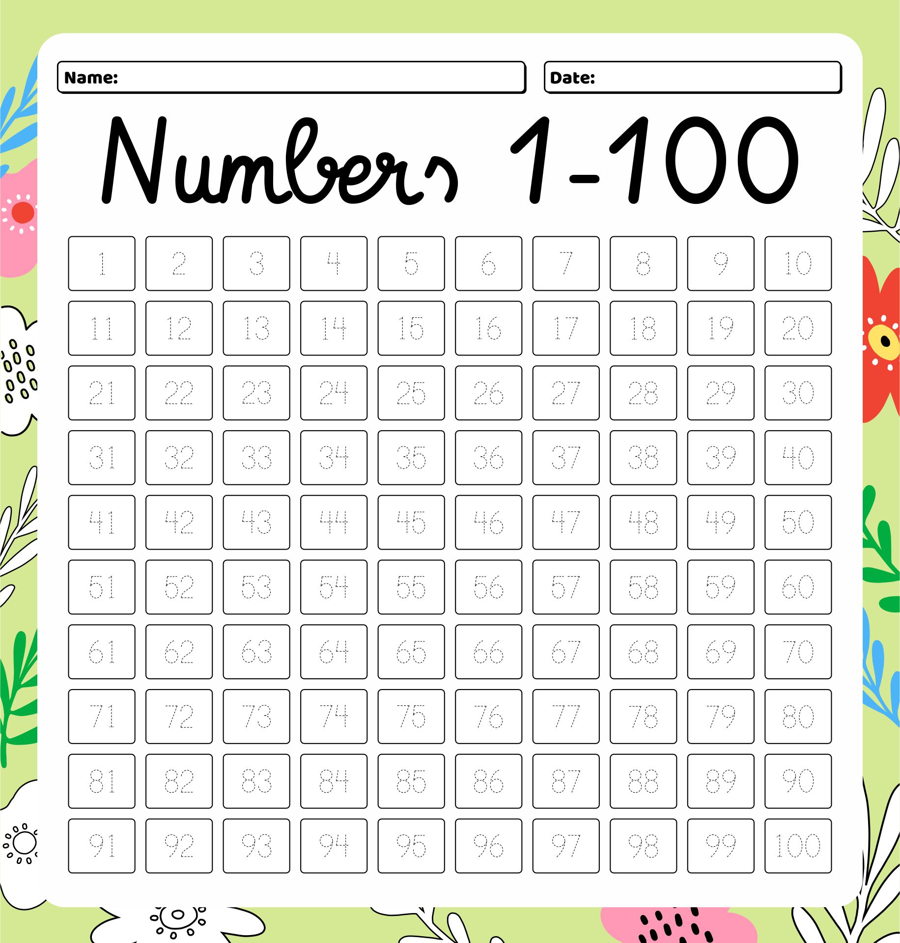 1-100 Number Tracing Chart Printable