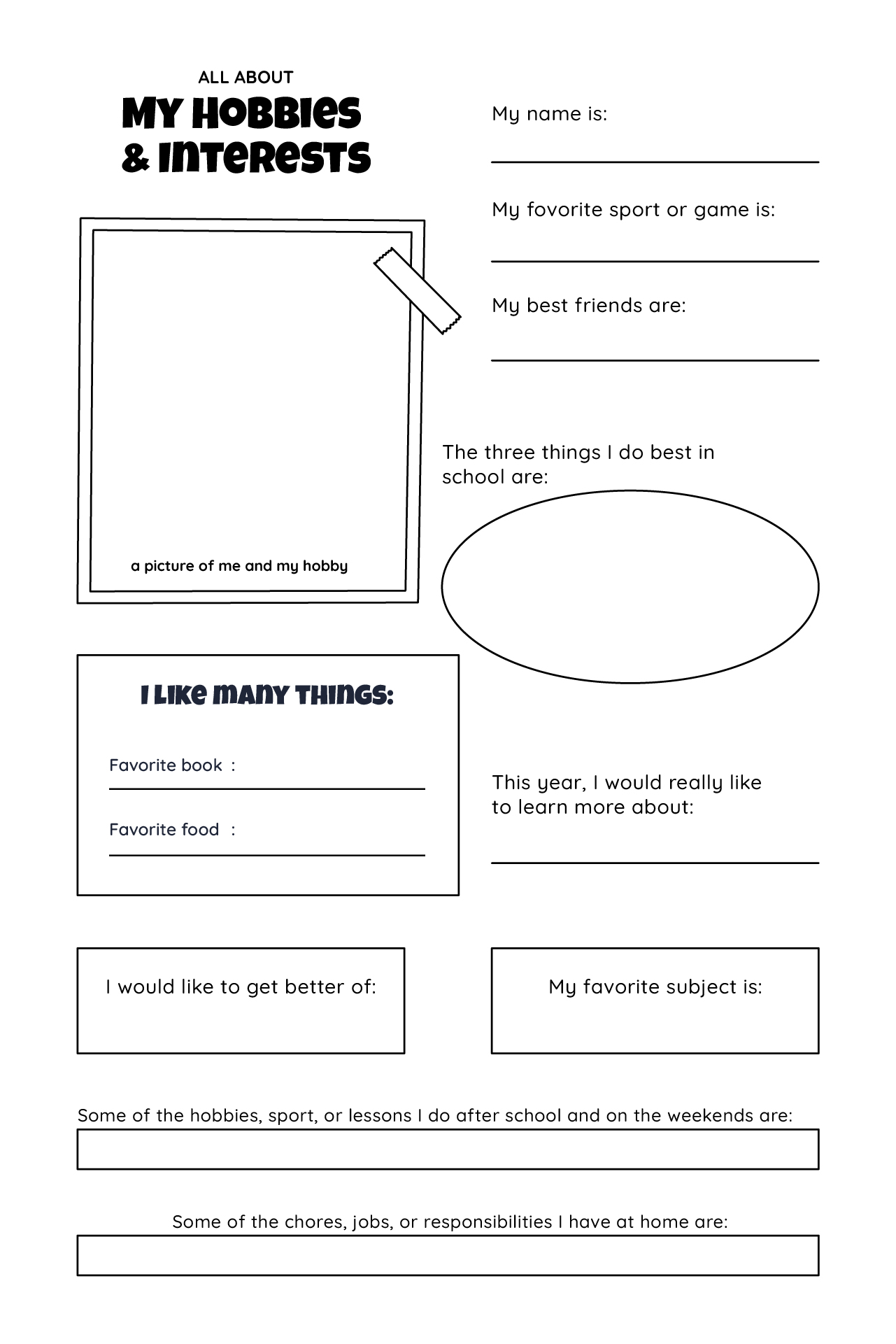 All About My Hobbies And Interests Printable Survey
