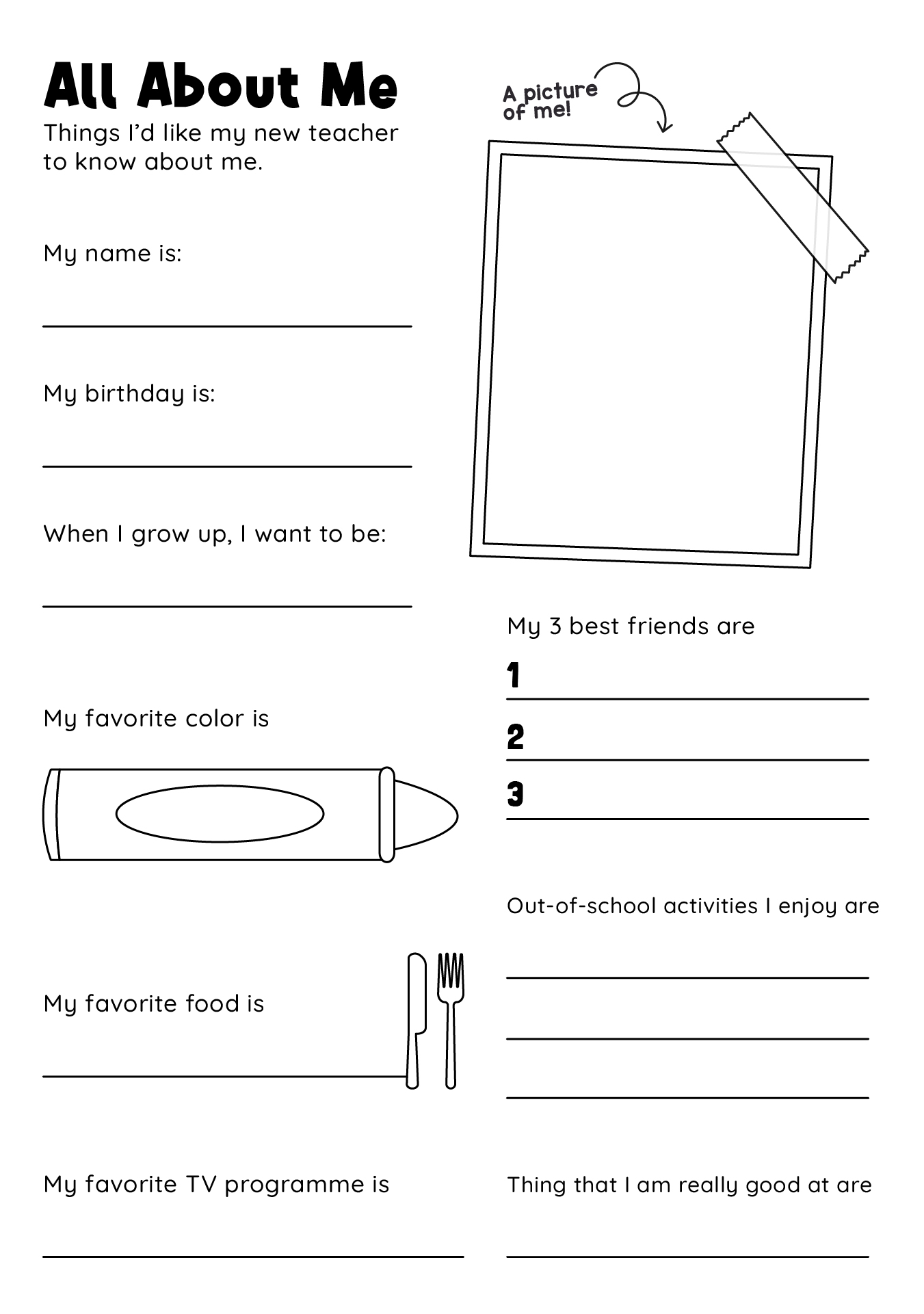 NYE All About Me Printable Worksheets