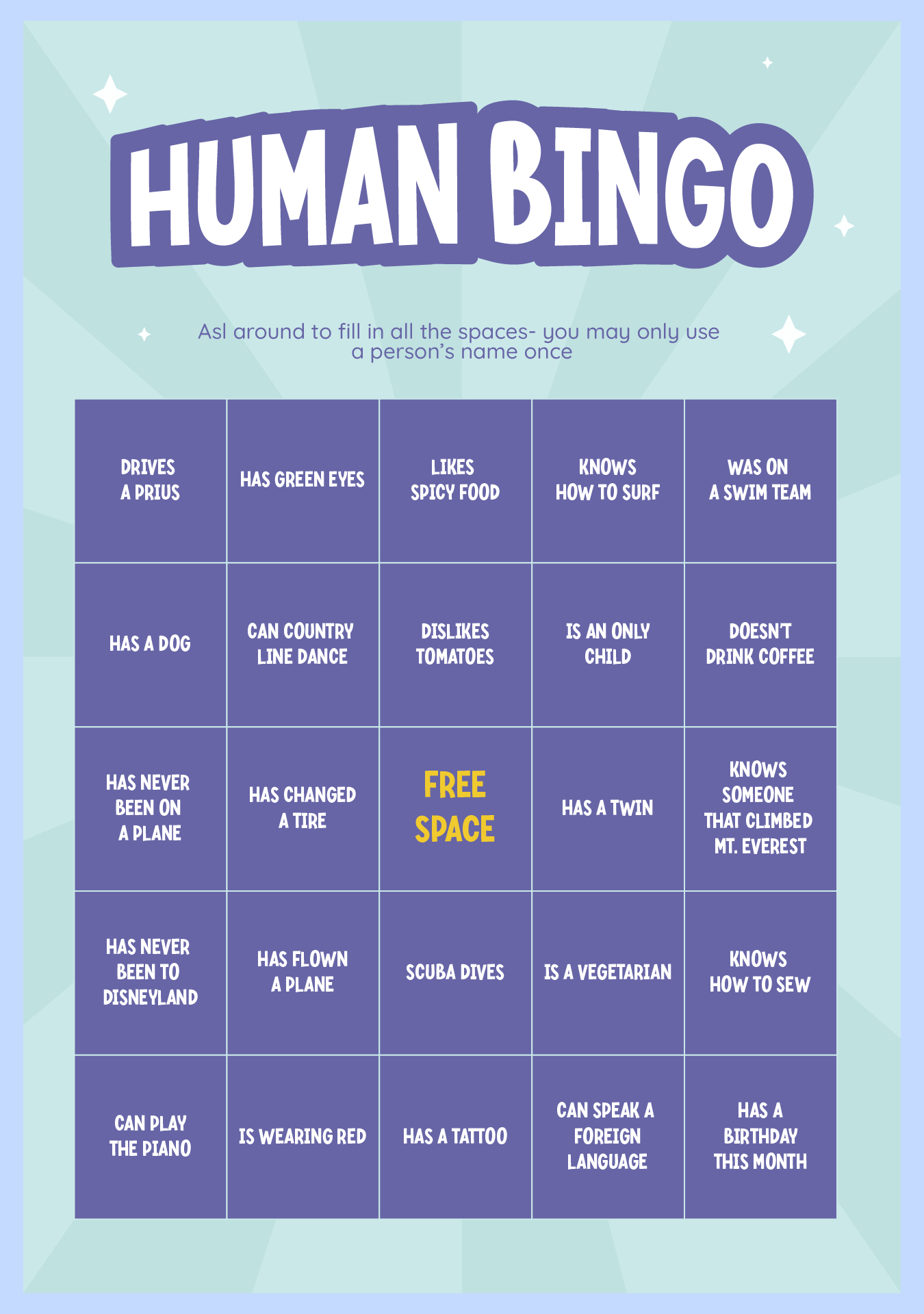 Printable Human Bingo Grids For Team Building