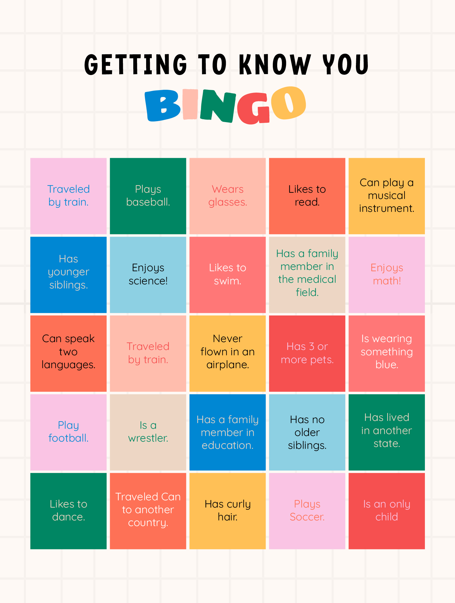 Printable Get To Know You Bingo For Kids