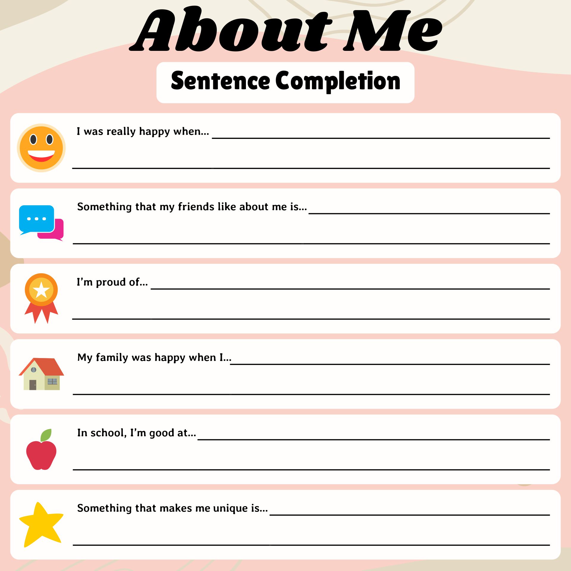 About Me Self-Esteem Sentence Completion Worksheet Printable